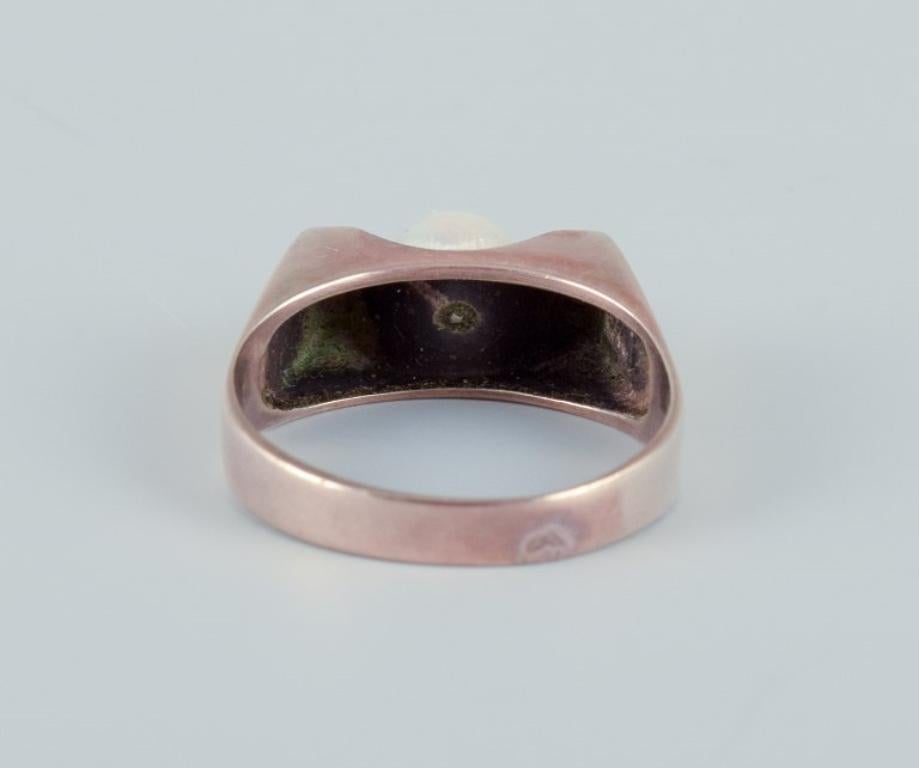 Danish goldsmith, 14 karat gold ring adorned with a cultured pearl.  For Sale 1