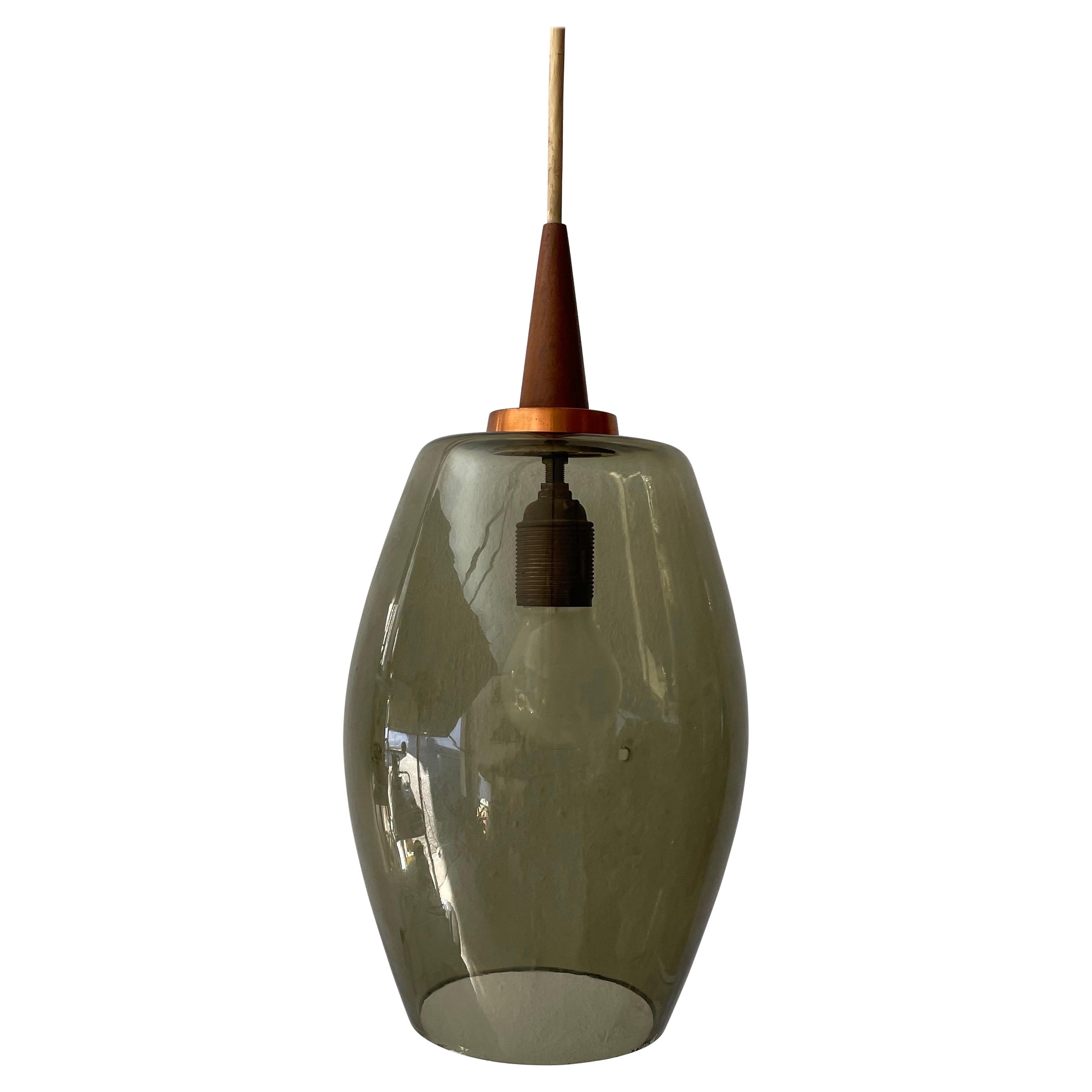 Danish Green Glass and Teak Part Pendant Lamp, 1960s, Denmark