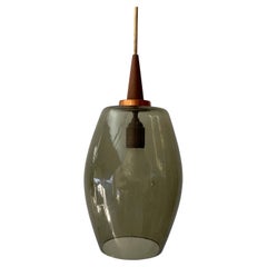 Danish Green Glass and Teak Part Pendant Lamp, 1960s, Denmark