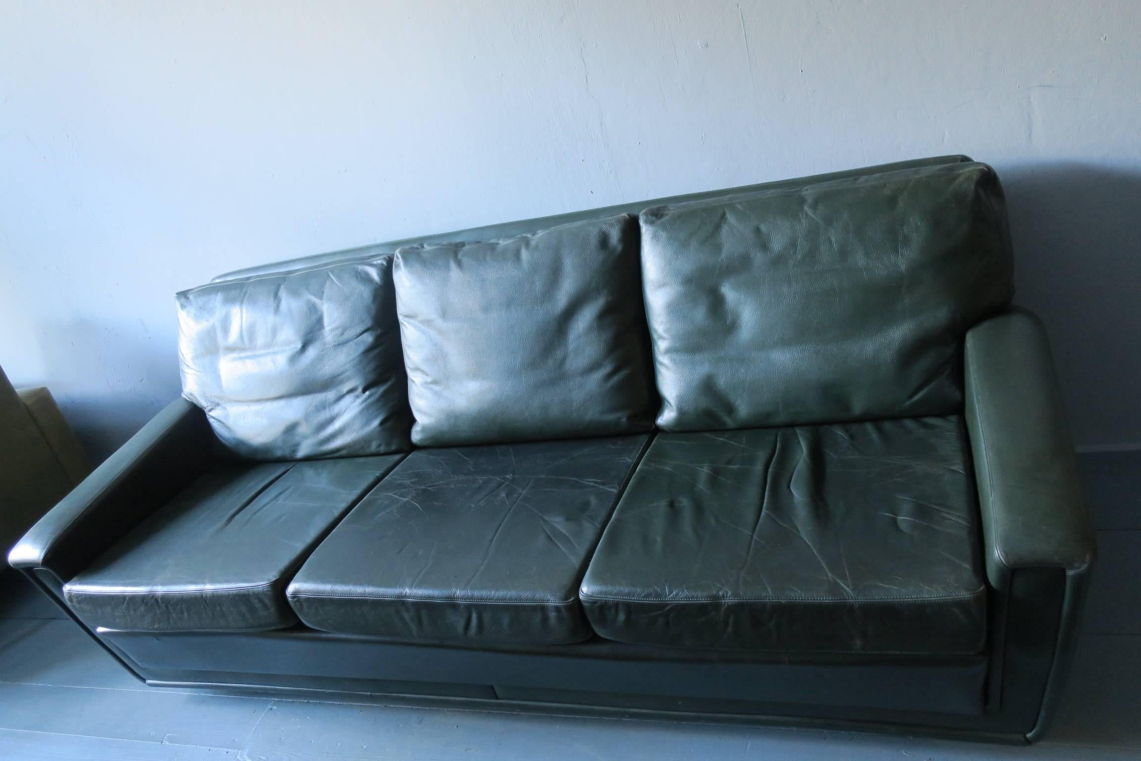 20th Century Danish Green Leather Three-Seat Sofa, Mid-Century For Sale