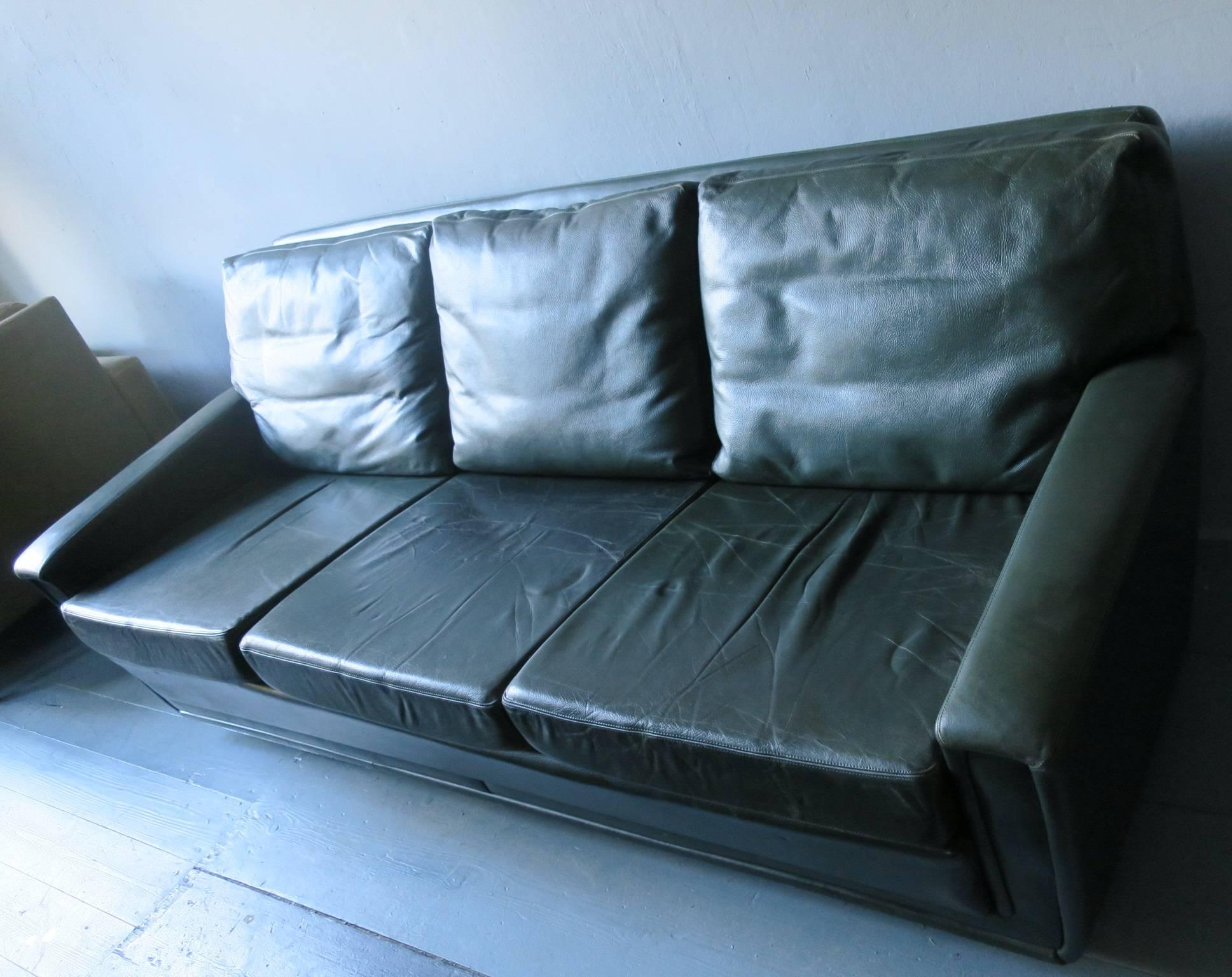 Danish Green Leather Three-Seat Sofa, Mid-Century For Sale 1