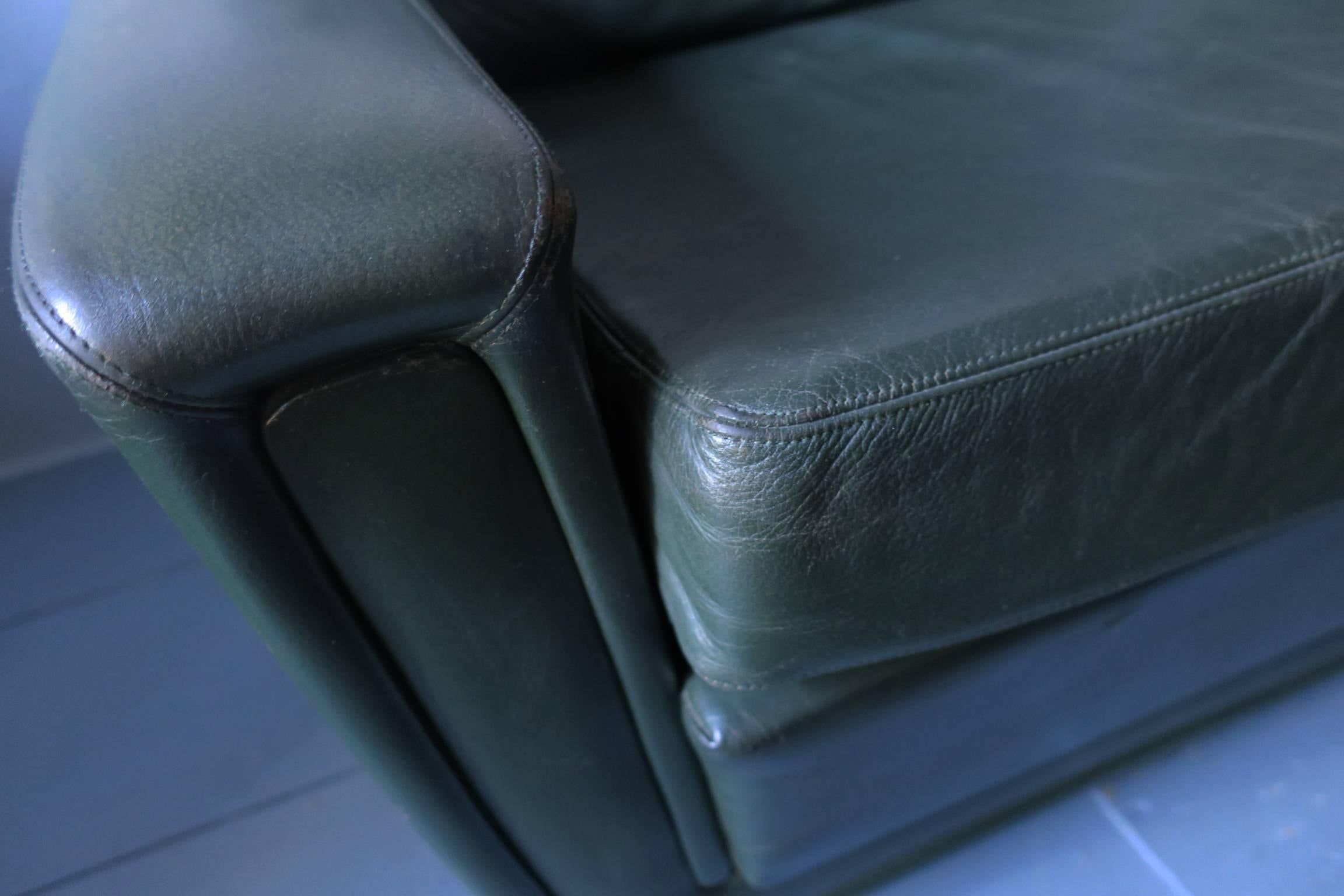Danish Green Leather Three-Seat Sofa, Mid-Century For Sale 2