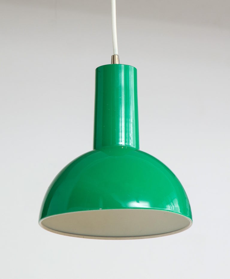 Metal Danish Green Mid Century Dome Pendant with White Cord, c. 1960 For Sale