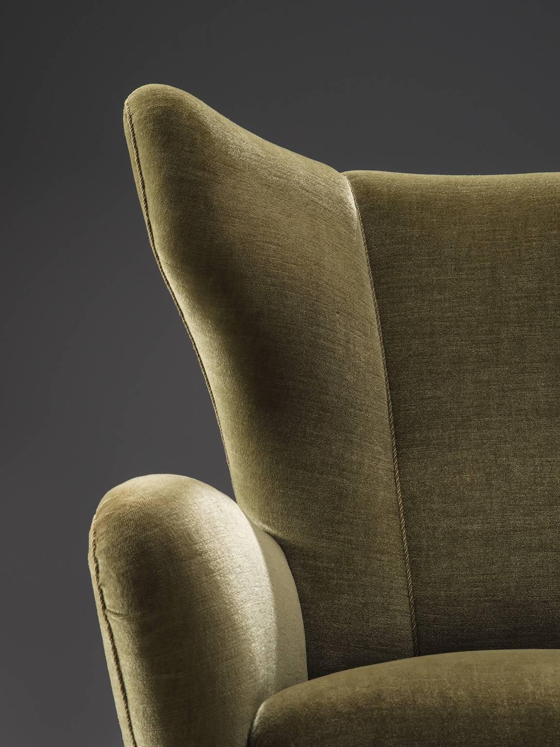 Scandinavian Modern Danish Green Velvet Wingback Chair