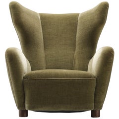 Vintage Danish Green Velvet Wingback Chair