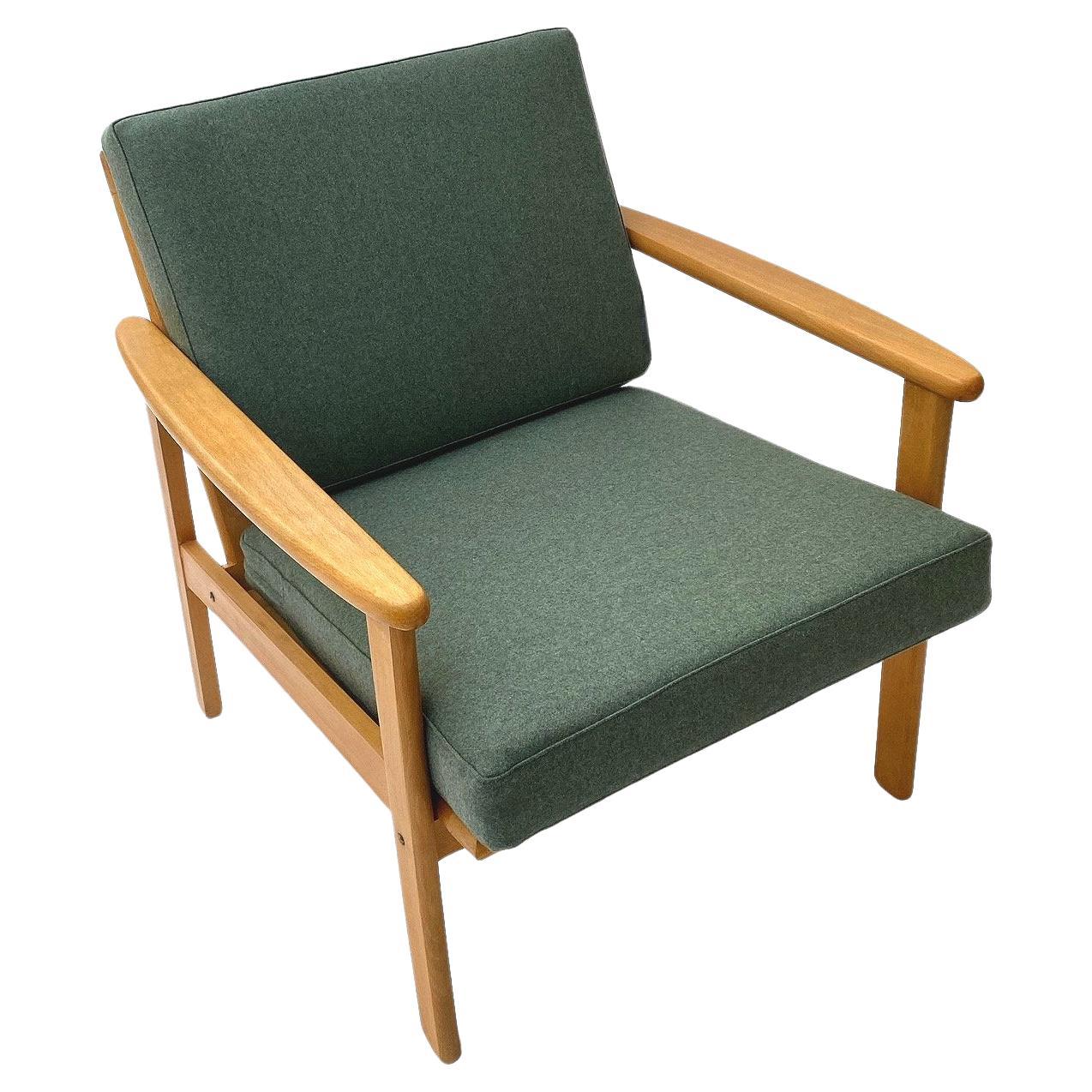 Danish Green Wool and Beech Lounge Armchair Mid Century Chair 1970s
