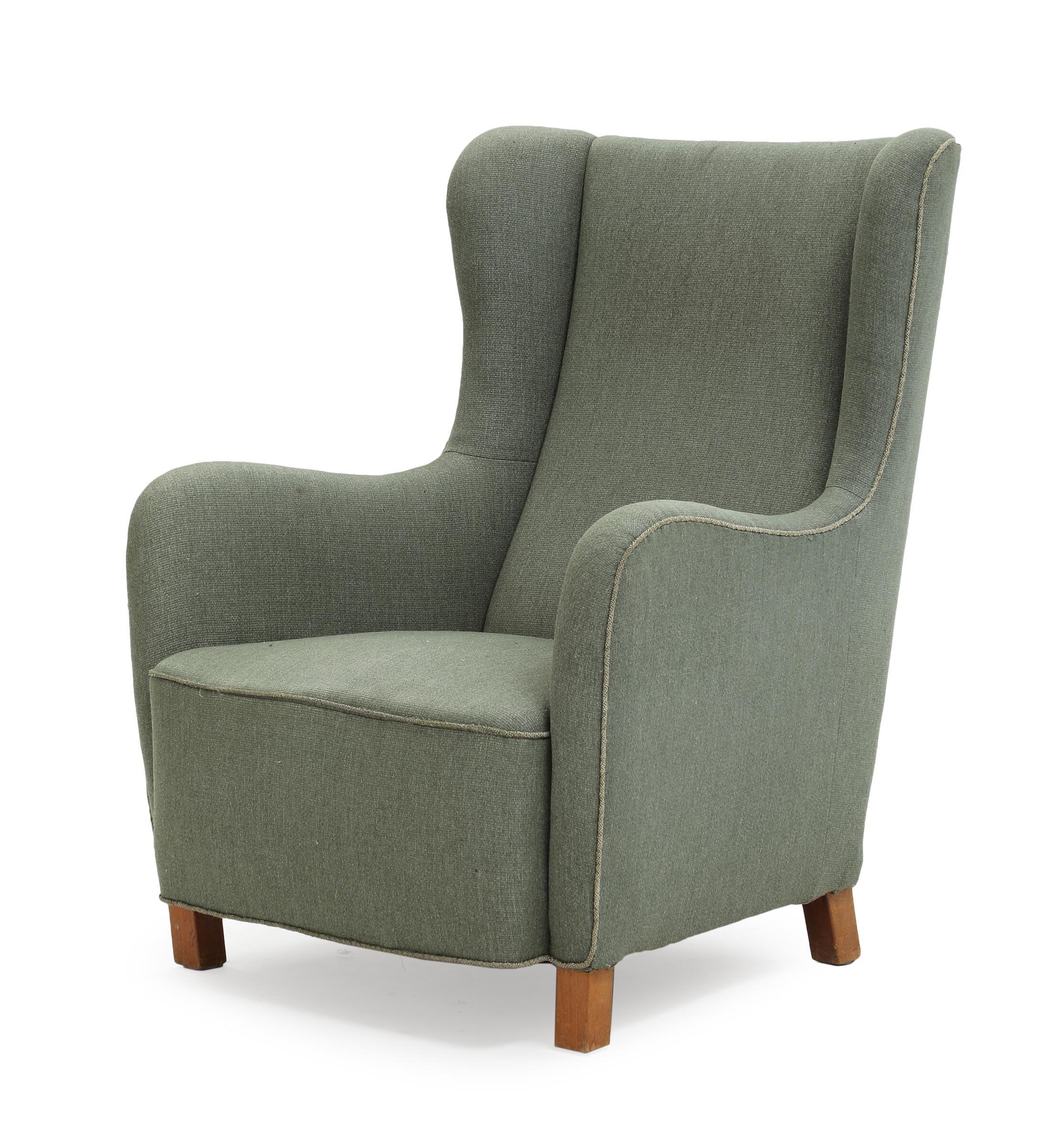 Mid-Century Modern Danish Green Wool Easy Chair with Beech Wood Legs