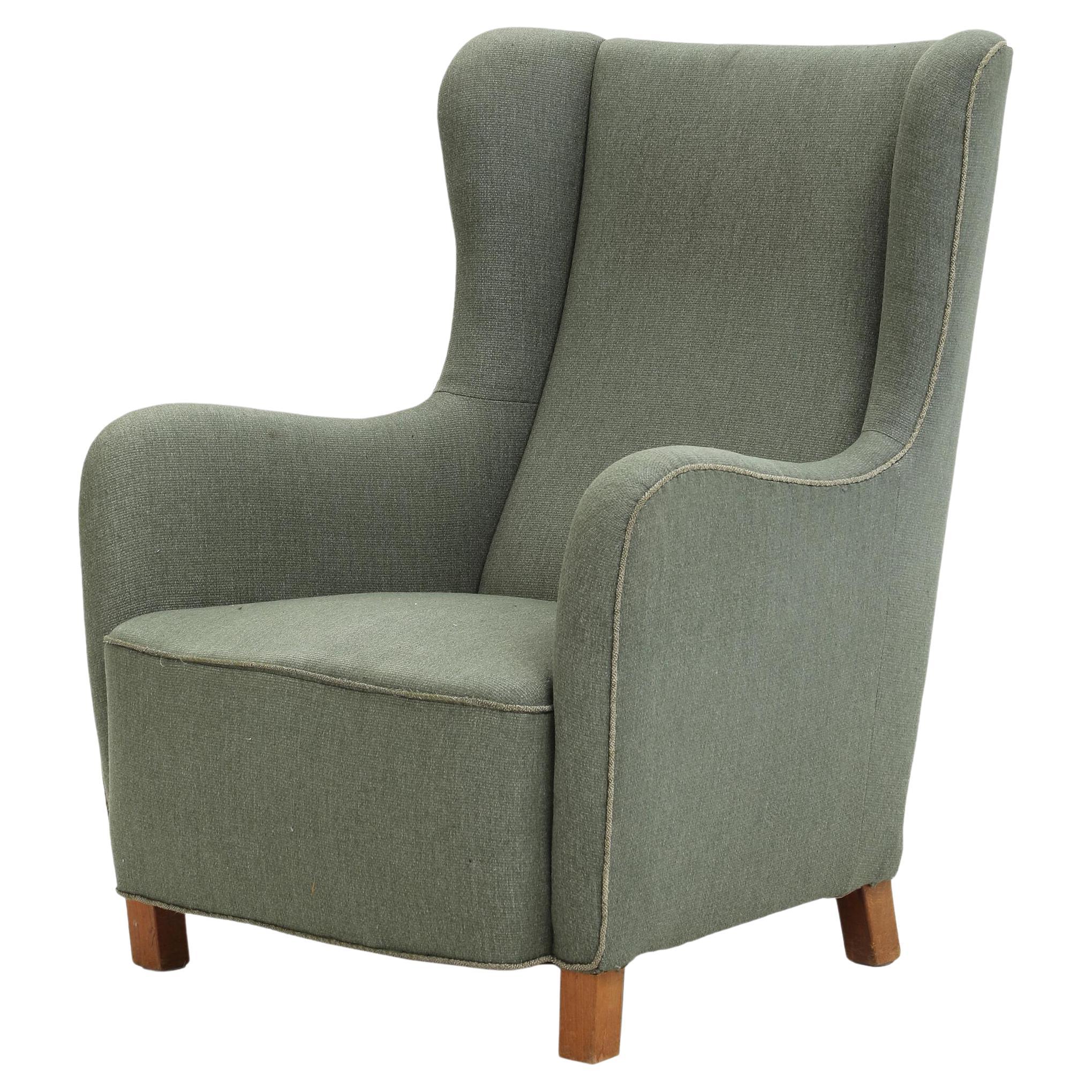 Danish Green Wool Easy Chair with Beech Wood Legs