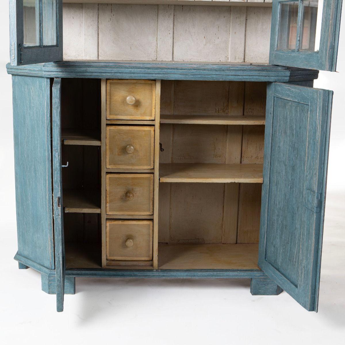 Danish Gustavian Blue Painted Two-Part Pine Vitrine Cabinet For Sale 1