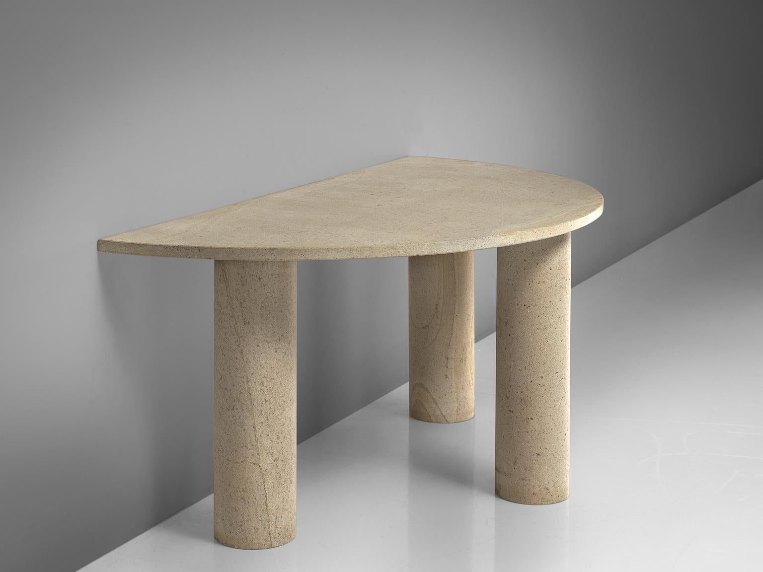 Console, granite, Italy, early 1990s.

This simplistic, archetypical console table has a half circle tabletop. It has strong architectural features such as cone shaped legs. The circular top is small in comparison to the legs, giving this table a