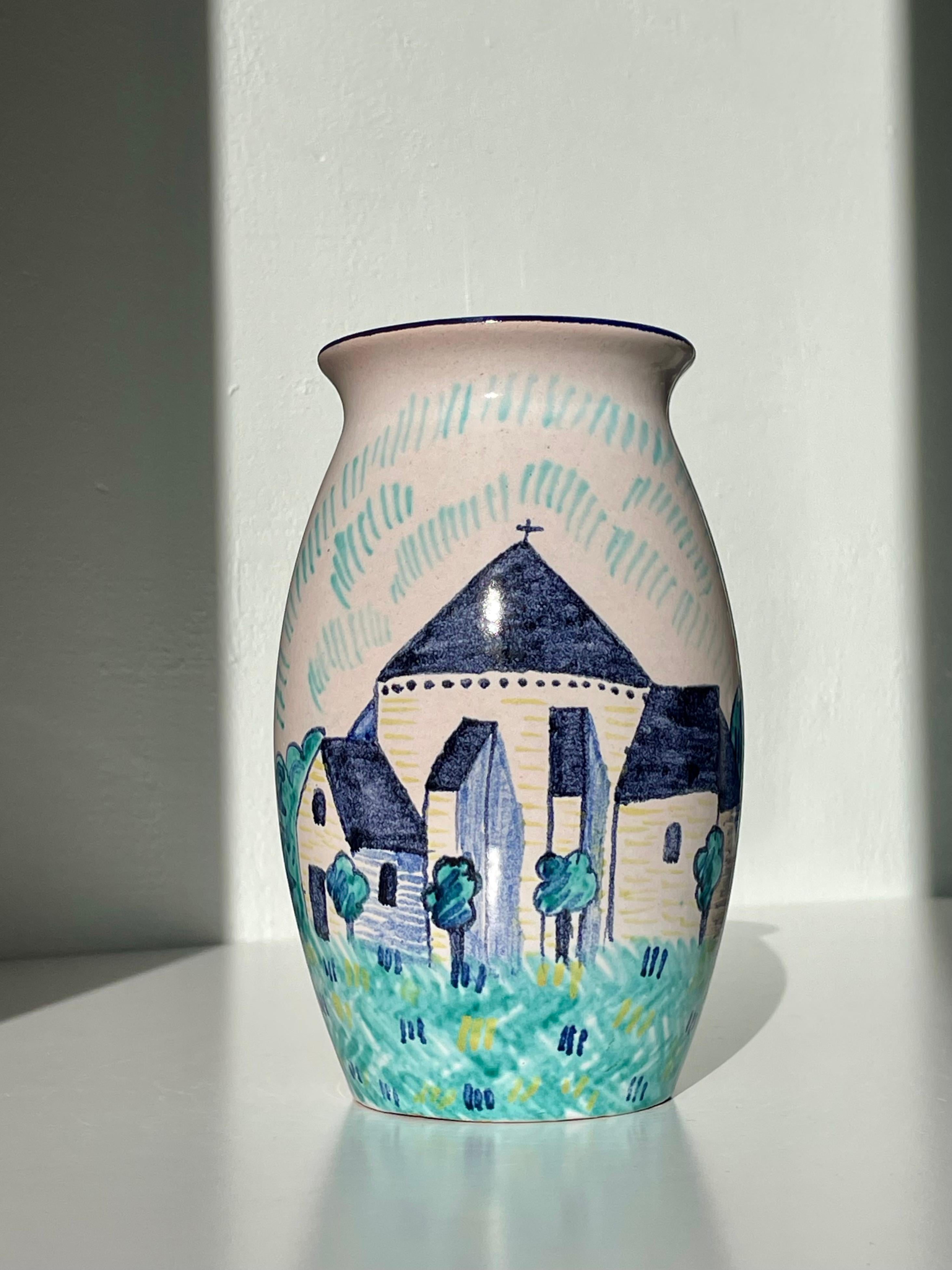 Søholm 1940s Hand-Painted Vase with Medieval Church Decor For Sale 1
