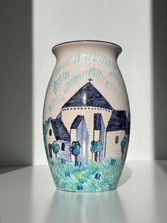 Søholm 1940s Hand-Painted Vase with Medieval Church Decor