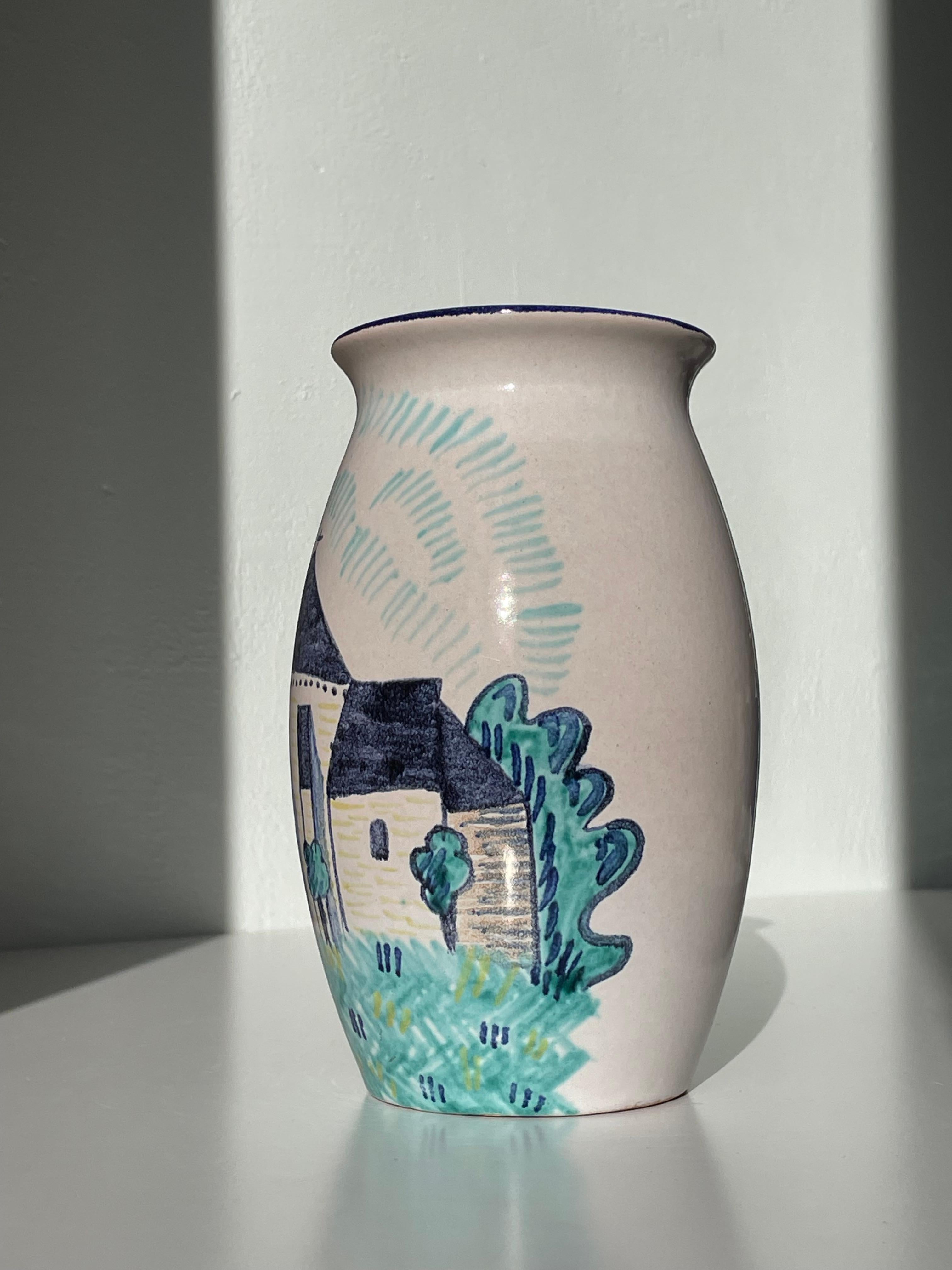 Hand-Crafted Søholm 1940s Hand-Painted Vase with Medieval Church Decor For Sale