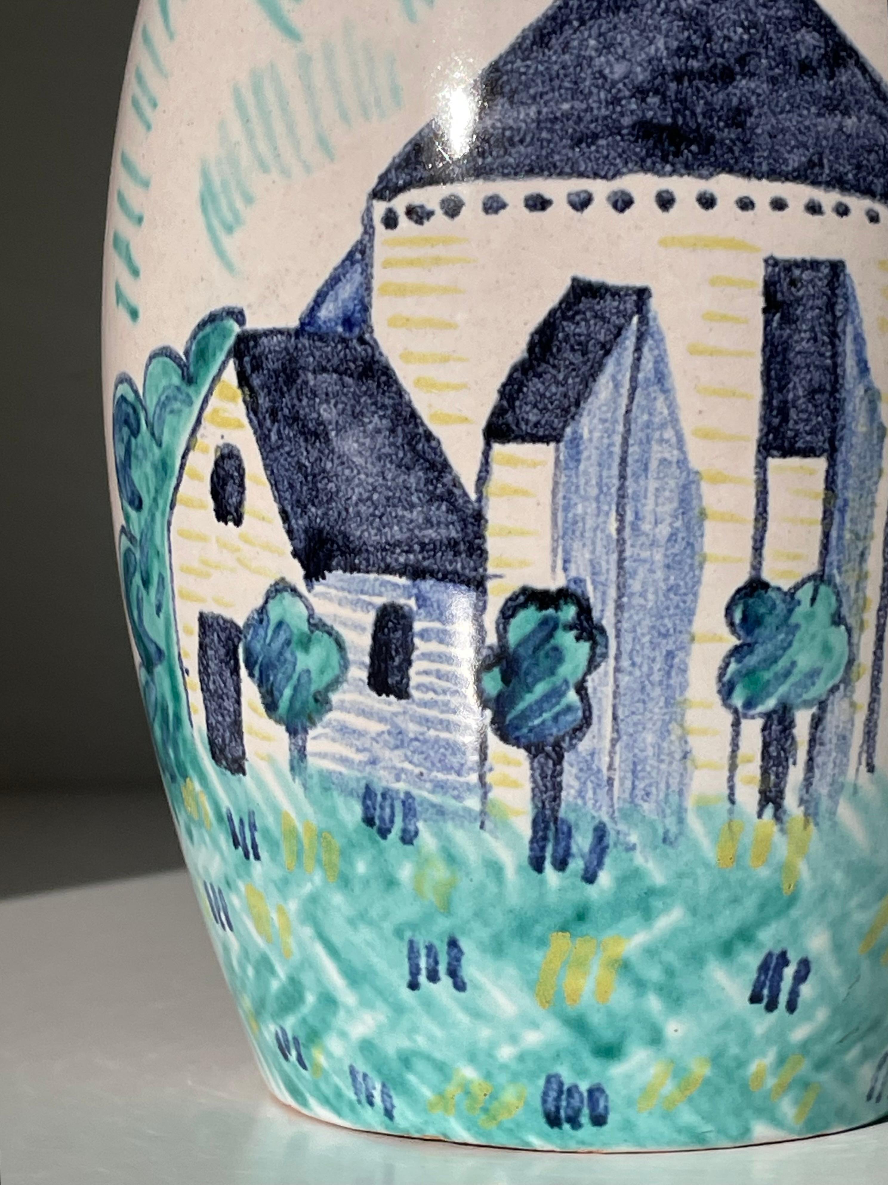 20th Century Søholm 1940s Hand-Painted Vase with Medieval Church Decor For Sale
