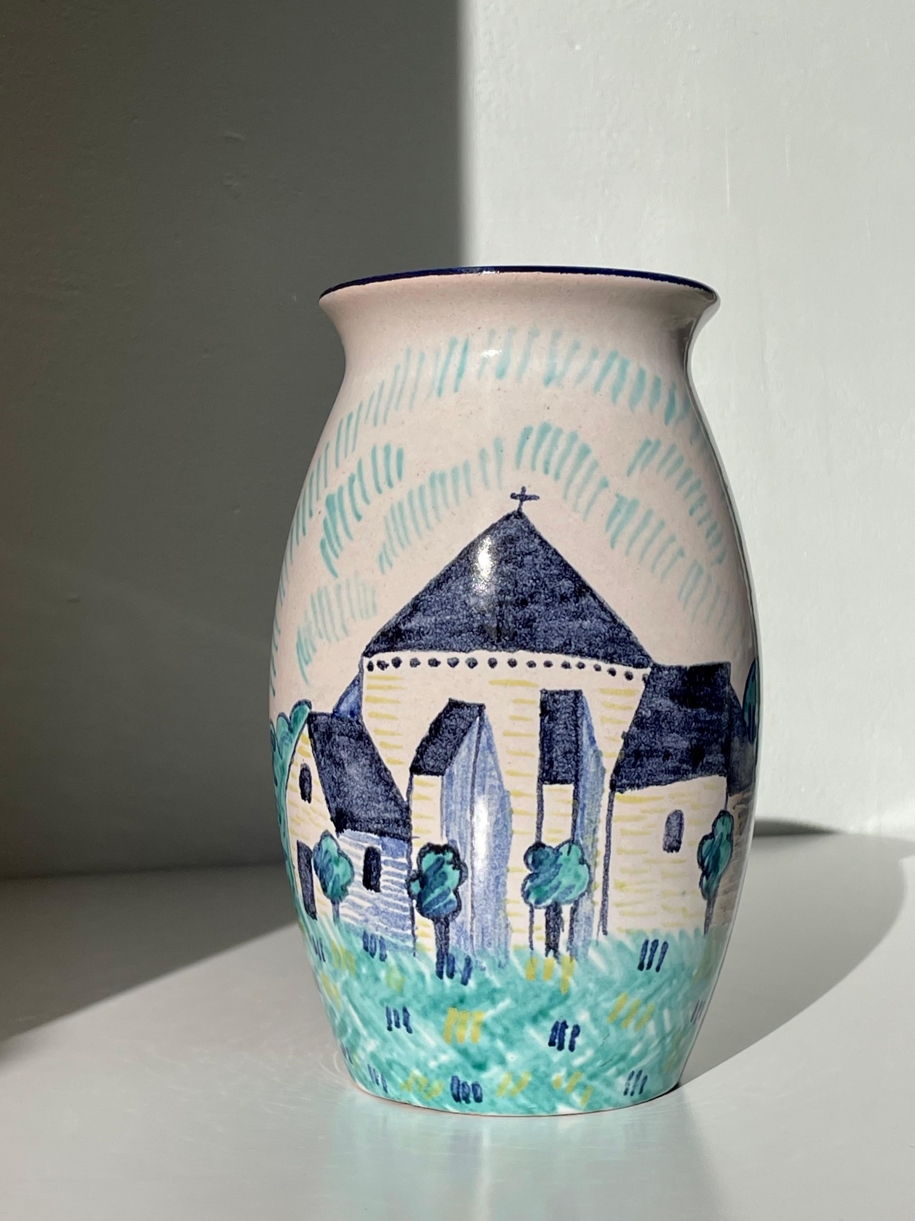 Ceramic Søholm 1940s Hand-Painted Vase with Medieval Church Decor For Sale