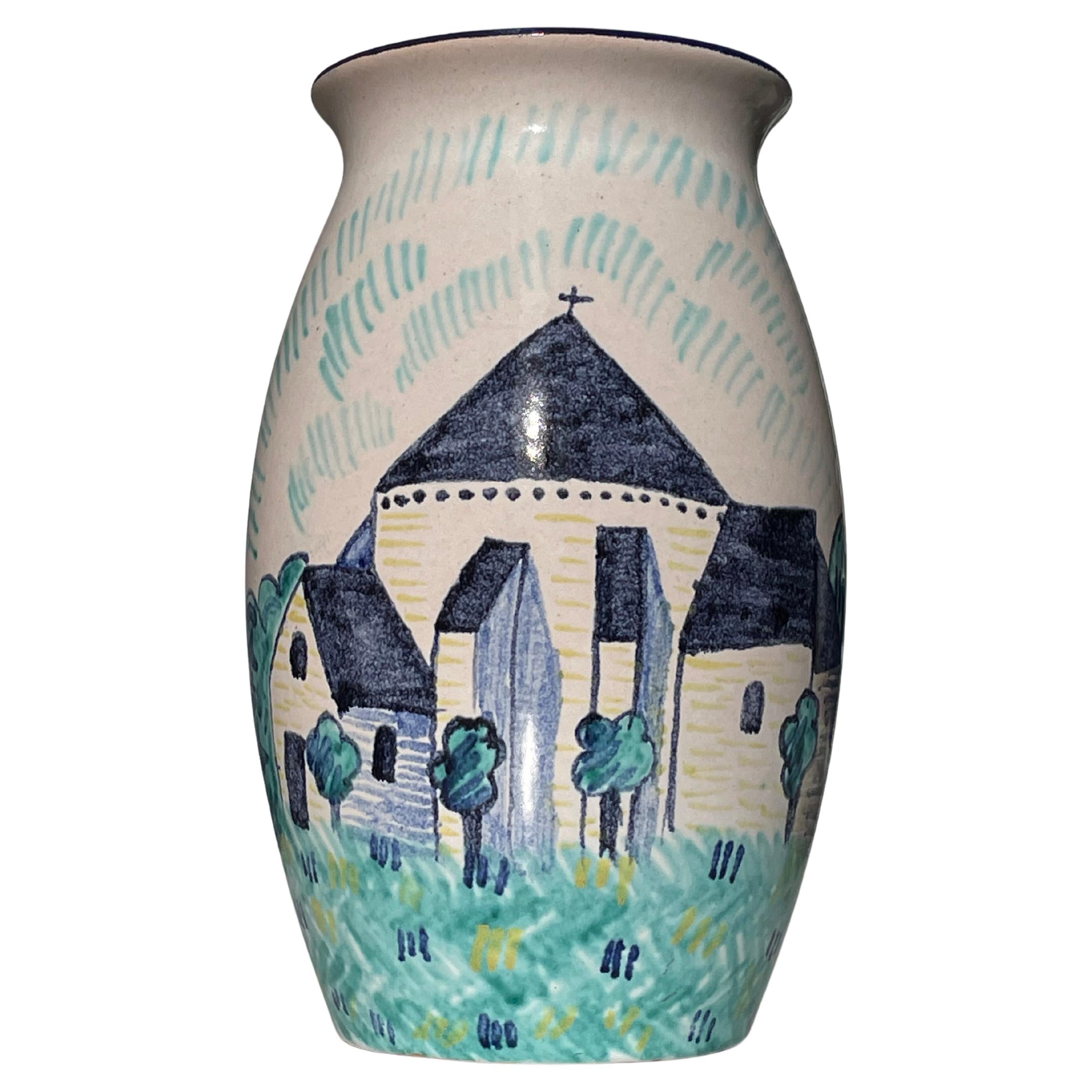 Søholm 1940s Hand-Painted Vase with Medieval Church Decor