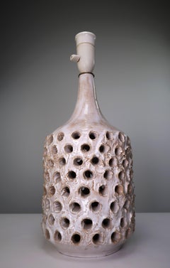 Danish Rustic Modern Handmade White Perforated Ceramic Table Lamp, 1970s