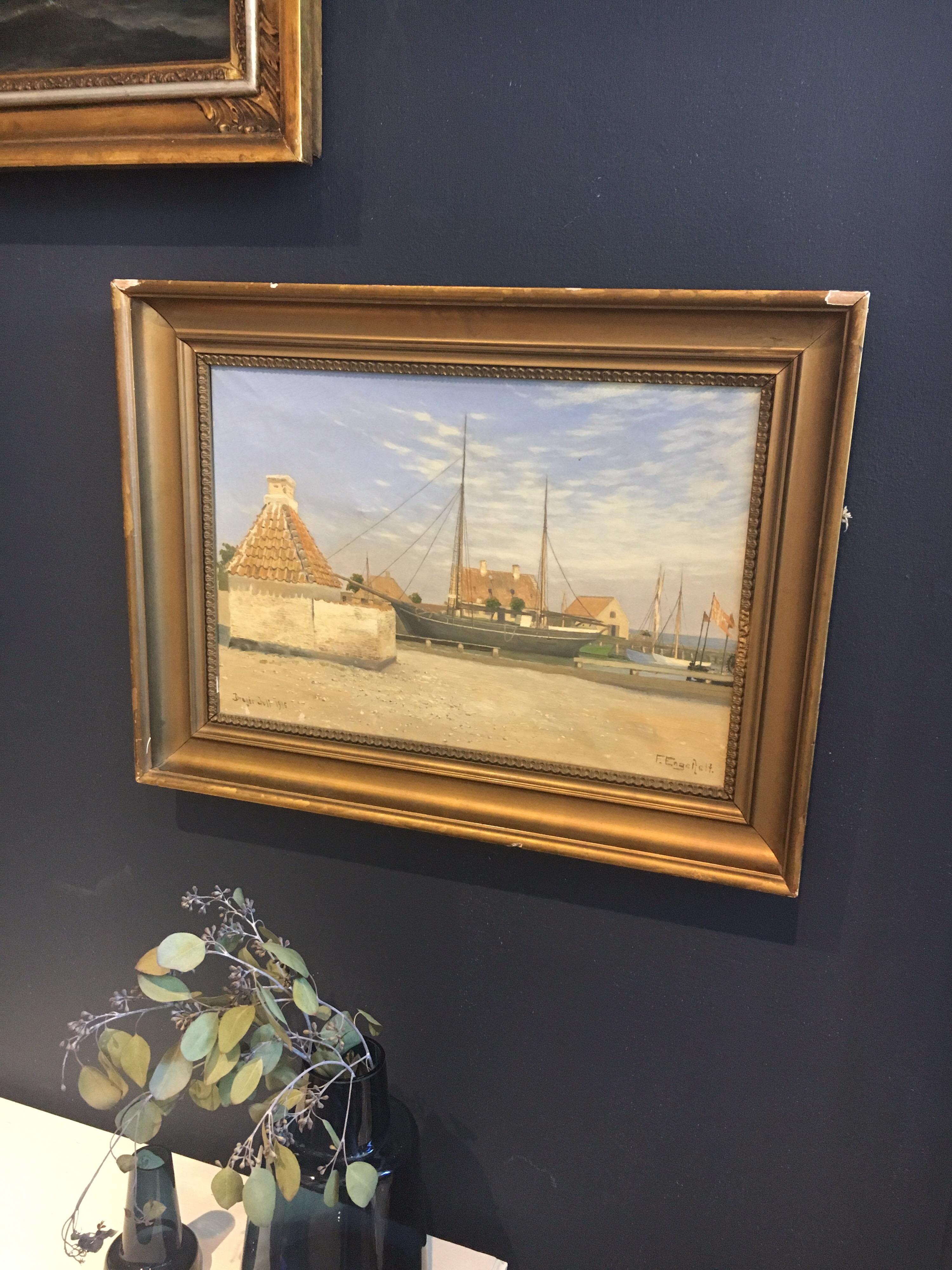 Charming Danish scene from Dragoer, with ships in harbor. Painted by Frederik Engelfelt in 1916. Oil on canvas, signed F. Engelfelt 1916.

Listed dimensions without frame.