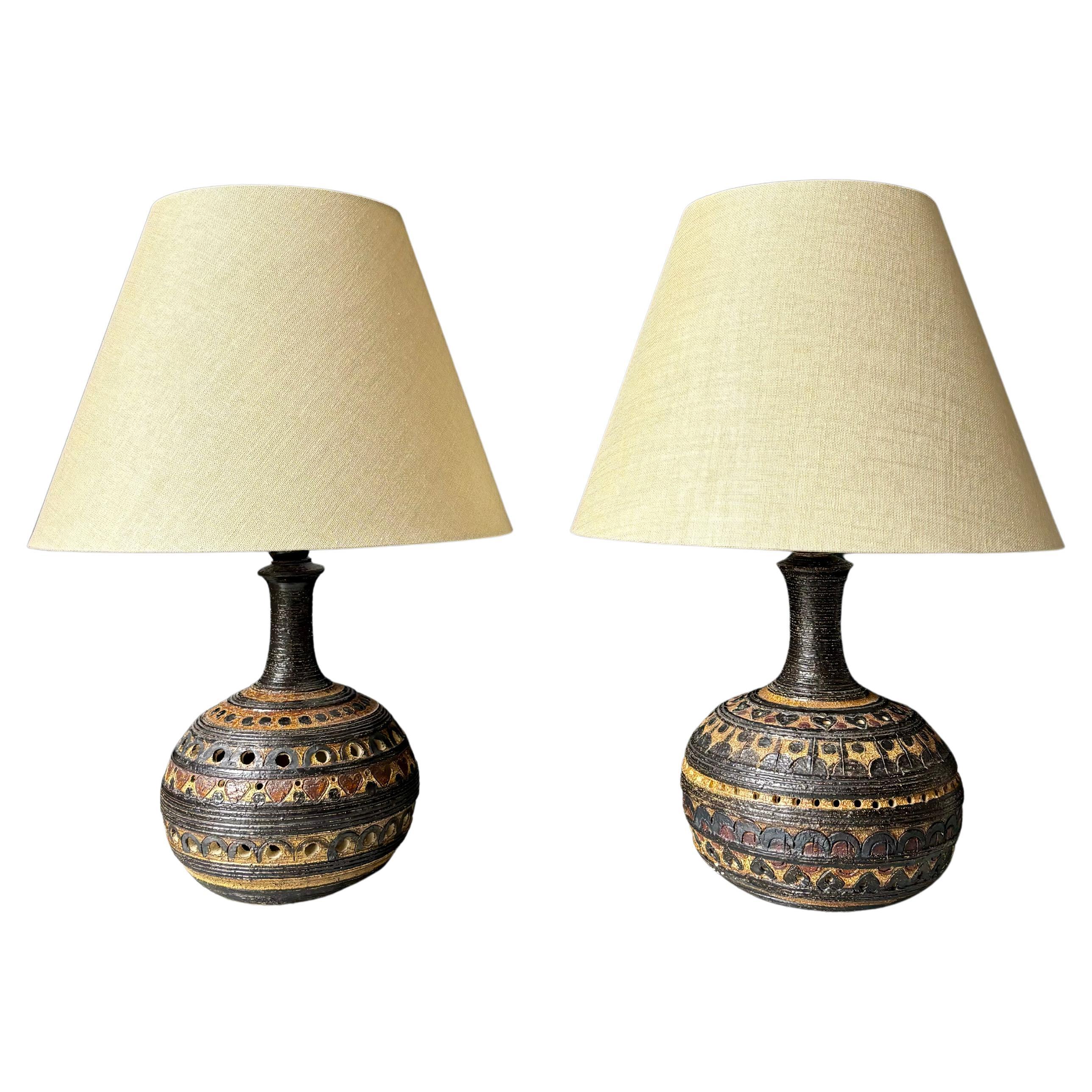 Pair of Hellerøe Rustic Folk Art Ceramic Table Lamps, 1970s