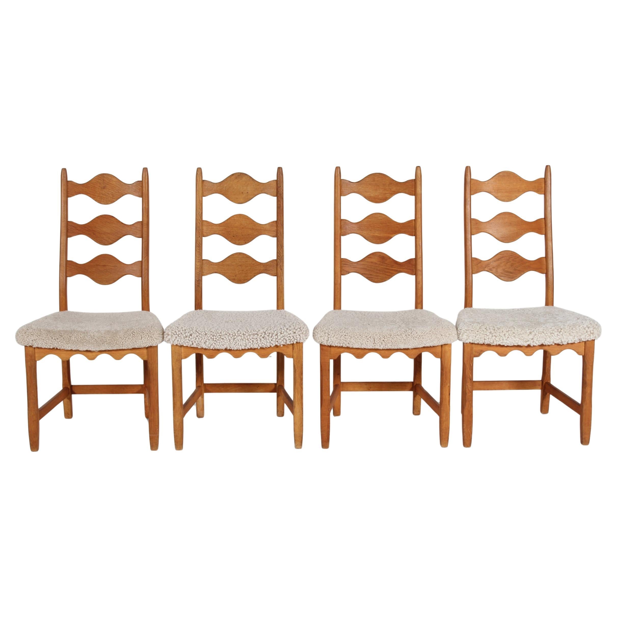 Danish Henning Kjærnulf 4 Dining Chairs of Solid Oak with New Sheepskin, 1970s