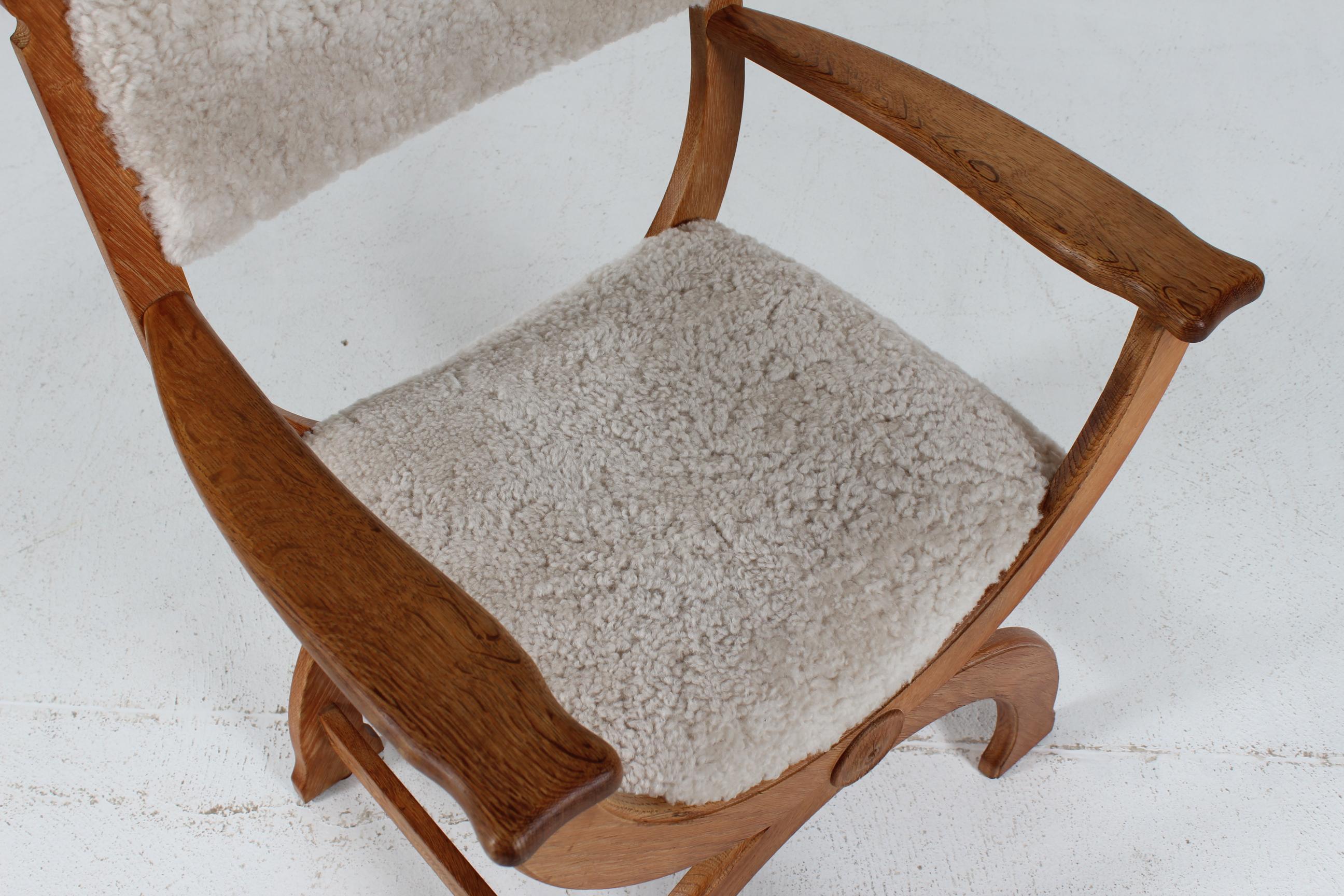 Danish Henning Kjærnulf Kurul Chair by EG Møbler of Solid Oak + Sheep Skin 1970s For Sale 3