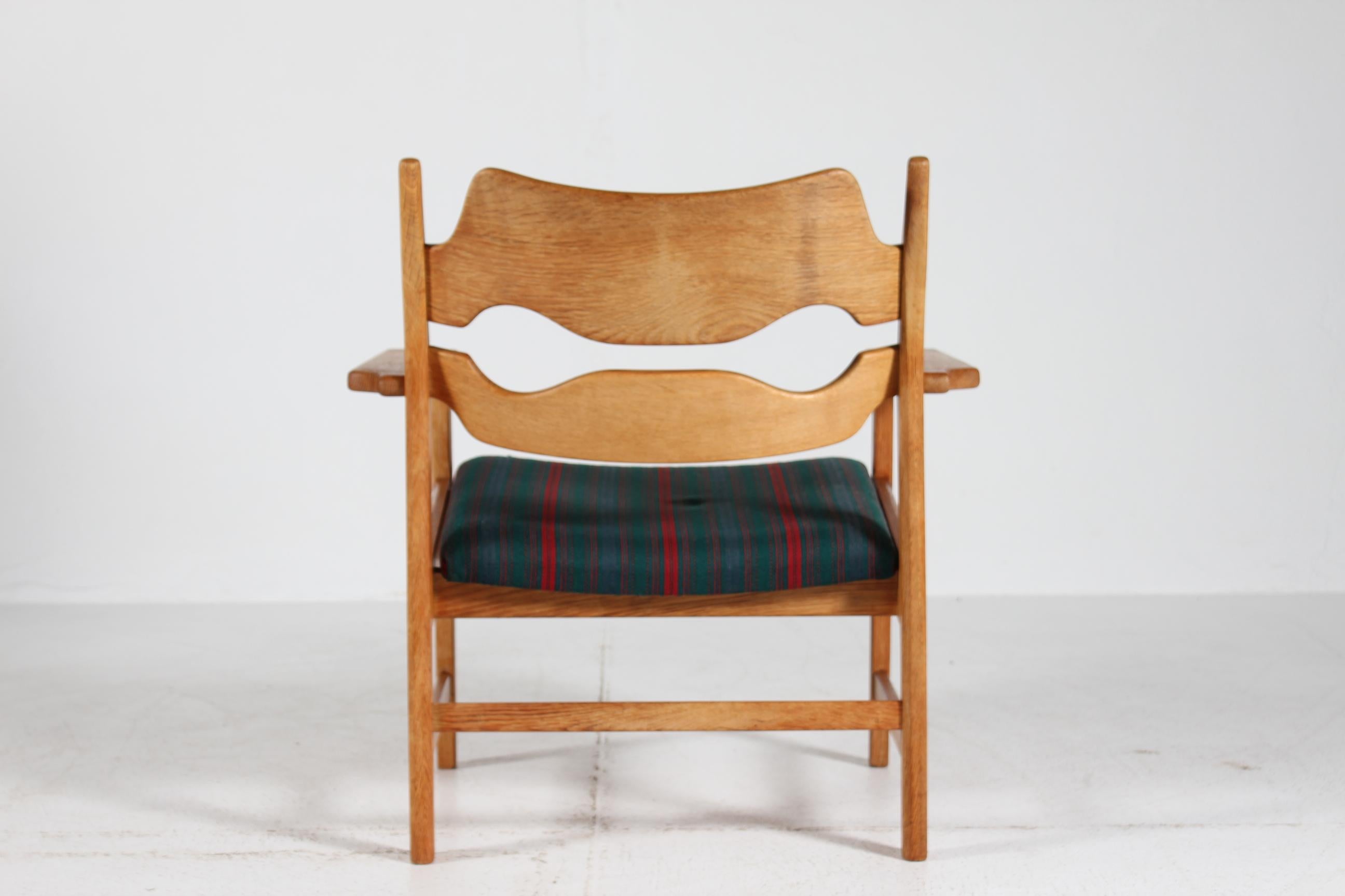 Late 20th Century Danish Henning Kjærnulf Lounge Razor Blade Armchair Solid Oak with Striped Wool For Sale