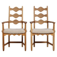 Danish Henning Kjærnulf Pair of Armchairs of Solid Oak with New Sheep Skin 1970s