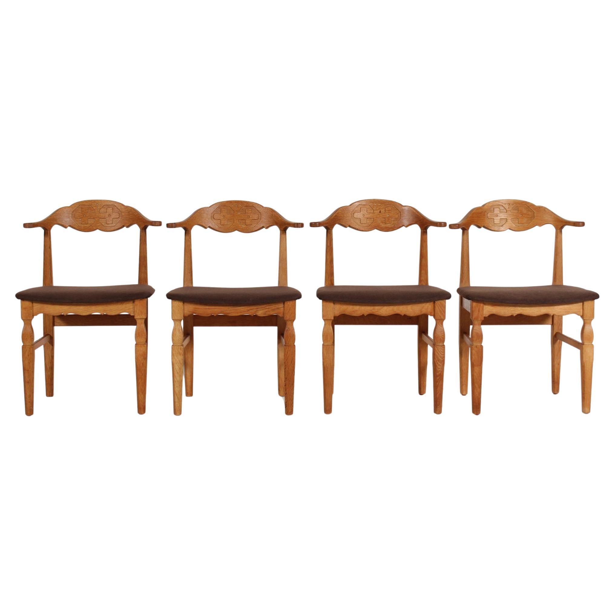 Danish Henning Kjærnulf Set of 4 Dining Chairs of Solid Oak by E G Møbler 1970s