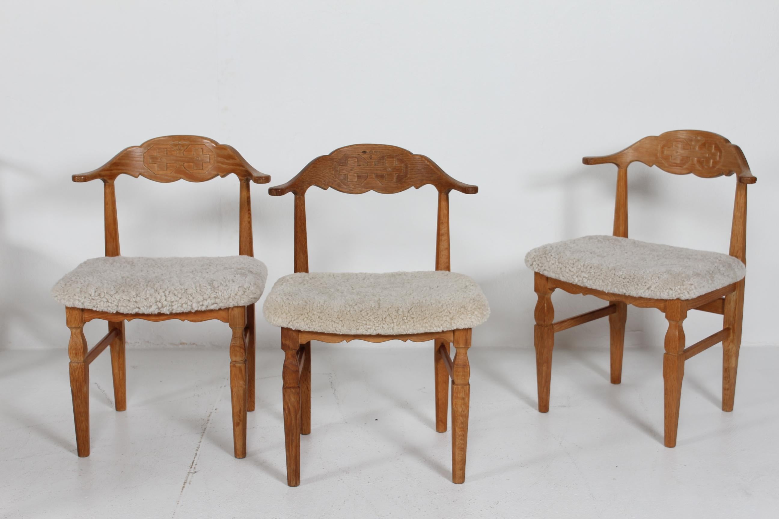 Woodwork Danish Henning Kjærnulf Set of 6 Dining Chairs of Solid Oak and Sheepskin, 1970s