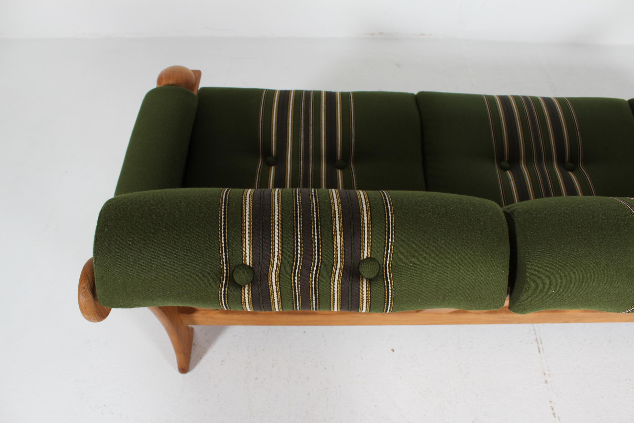 Danish Henning Kjærnulf Sofa of Solid Oak with Original Green Striped Wool 1970s 4