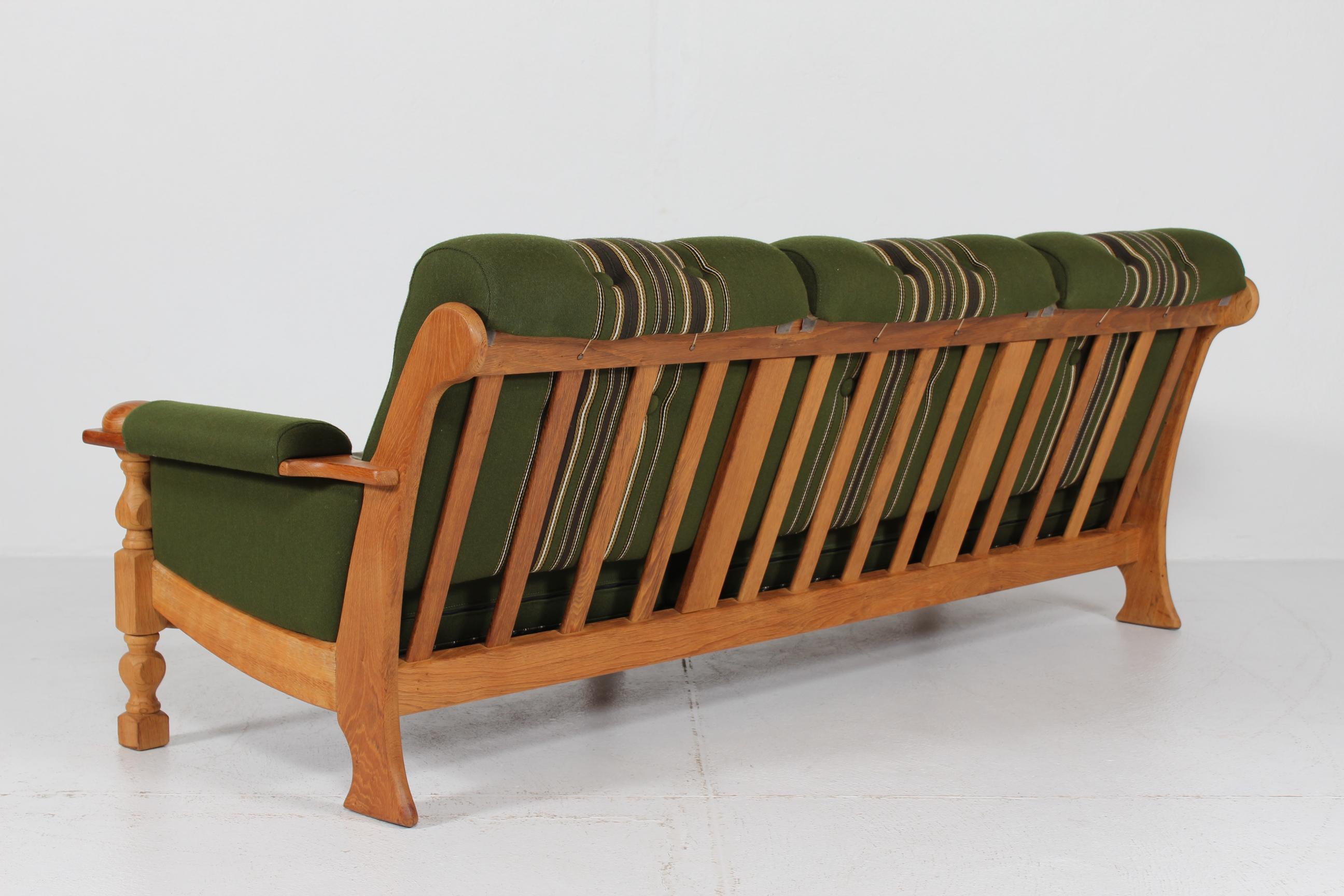 Danish Henning Kjærnulf Sofa of Solid Oak with Original Green Striped Wool 1970s 5