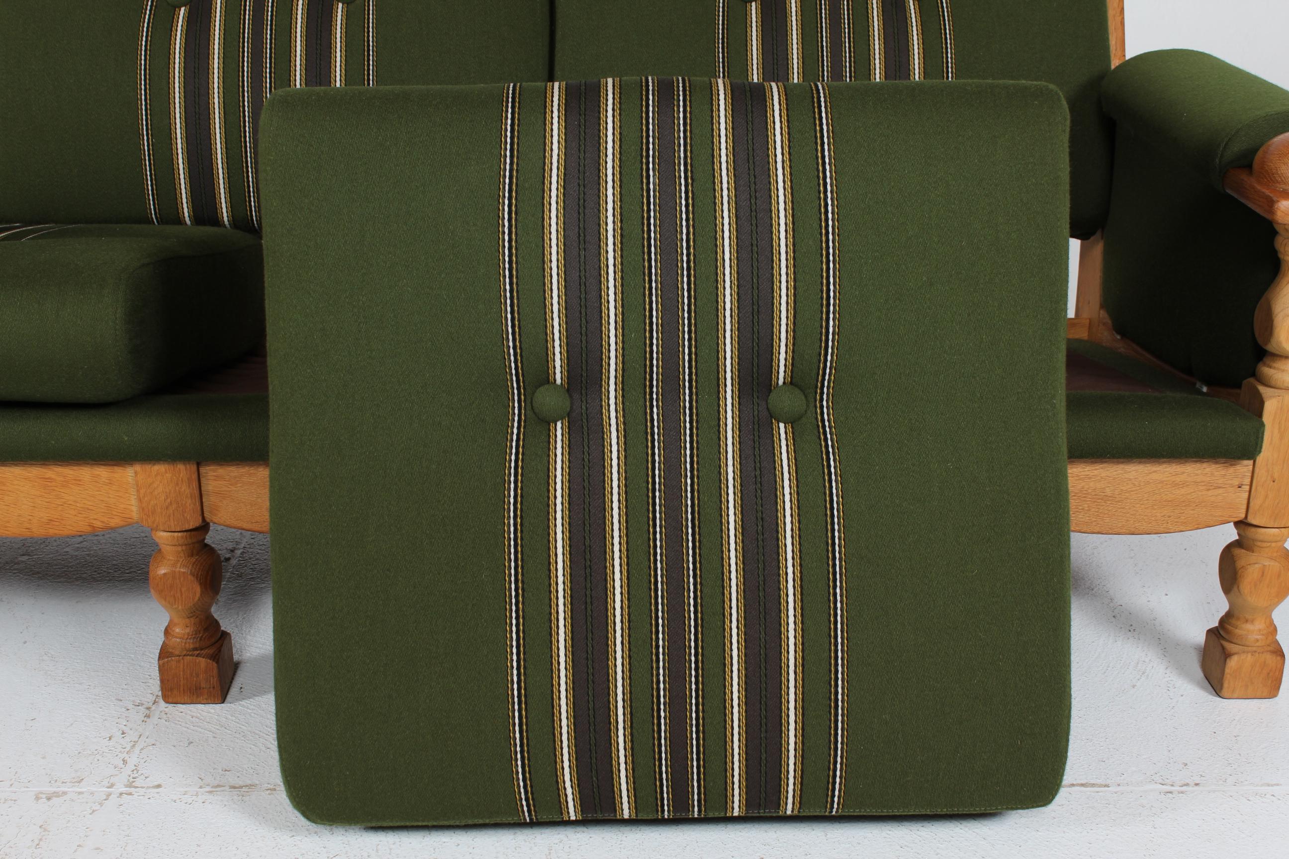 Danish Henning Kjærnulf Sofa of Solid Oak with Original Green Striped Wool 1970s 7