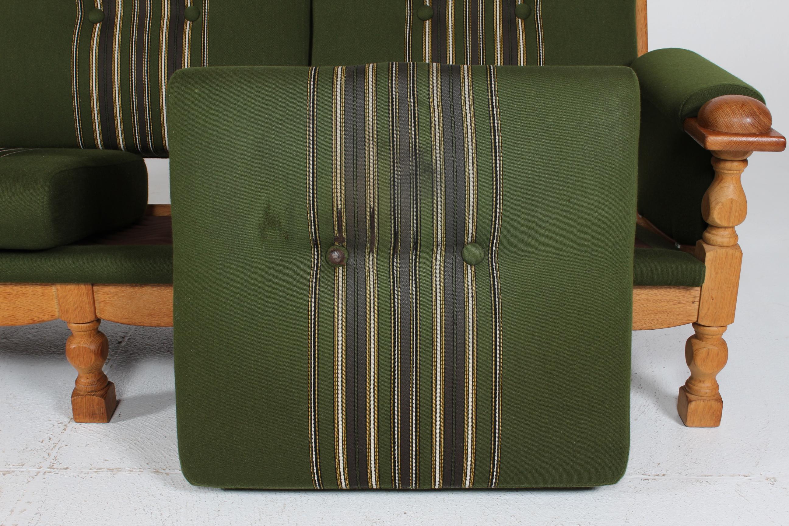 Danish Henning Kjærnulf Sofa of Solid Oak with Original Green Striped Wool 1970s 8