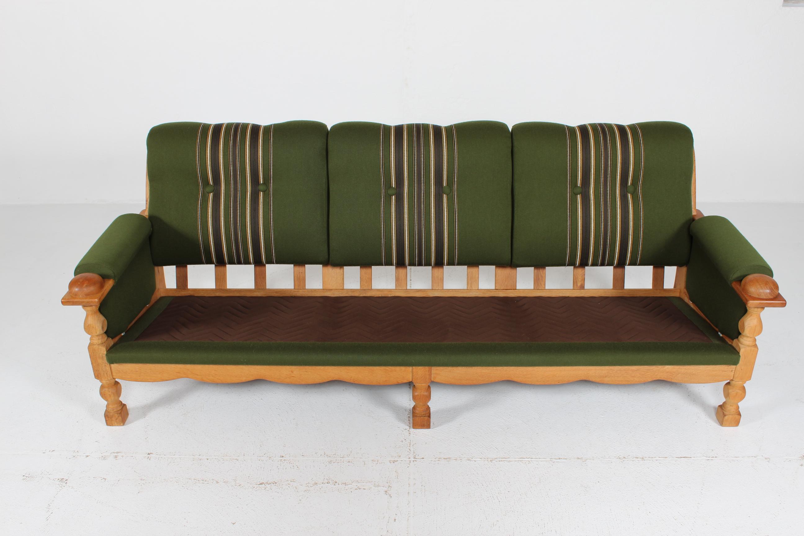 Danish Henning Kjærnulf Sofa of Solid Oak with Original Green Striped Wool 1970s 11