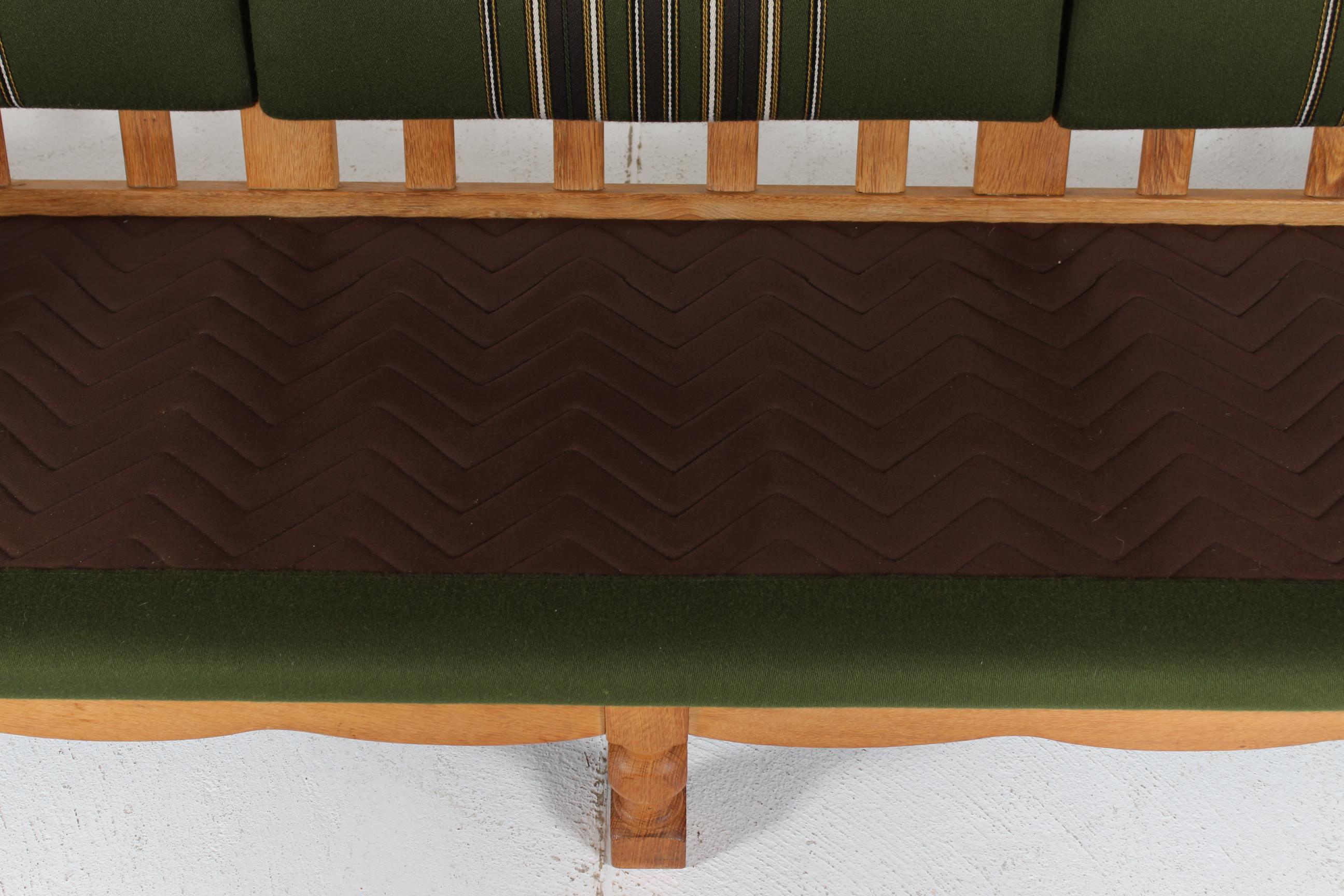 Danish Henning Kjærnulf Sofa of Solid Oak with Original Green Striped Wool 1970s 12