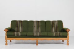 Danish Henning Kjærnulf Sofa of Solid Oak with Original Green Striped Wool 1970s