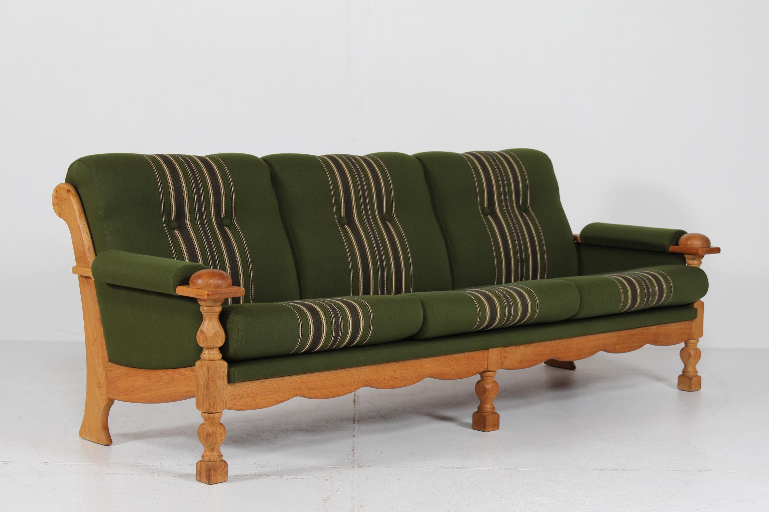 Mid-Century Modern Danish Henning Kjærnulf Sofa of Solid Oak with Original Green Striped Wool 1970s