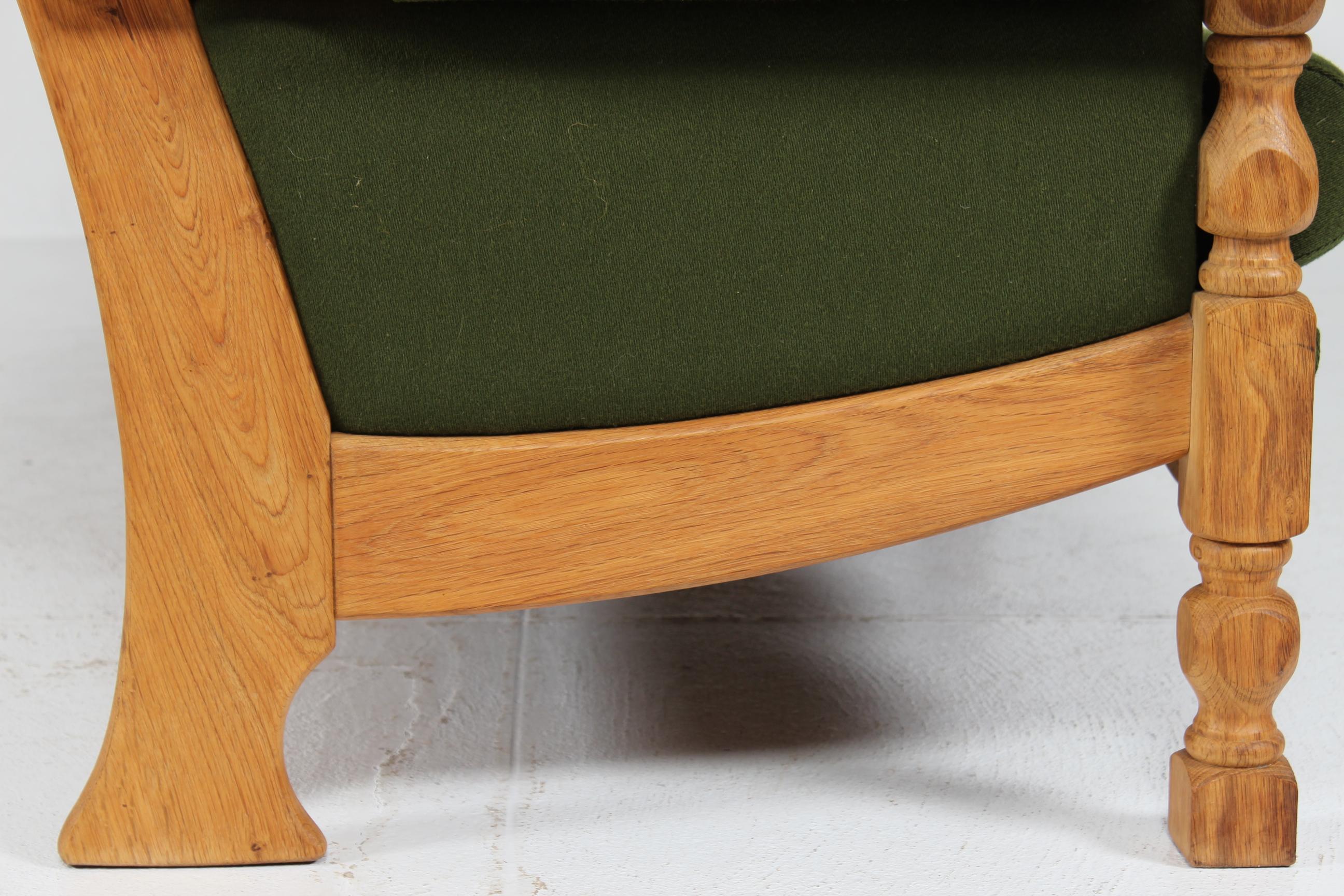 Danish Henning Kjærnulf Sofa of Solid Oak with Original Green Striped Wool 1970s In Good Condition In Silkeborg, Silkeborg