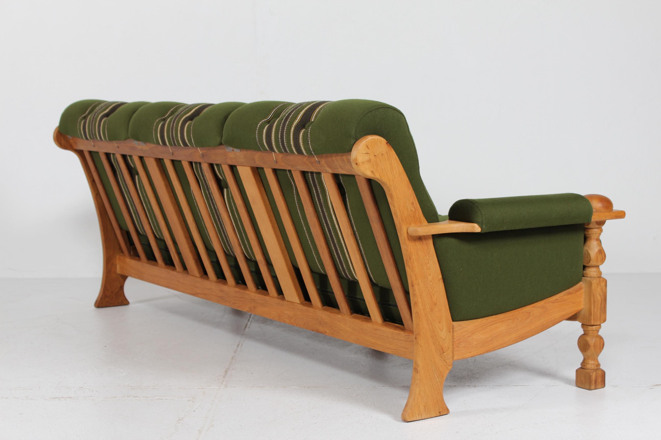 Danish Henning Kjærnulf Sofa of Solid Oak with Original Green Striped Wool 1970s 2