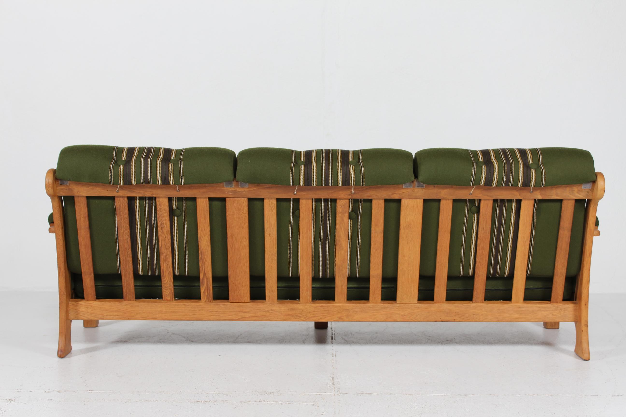 Danish Henning Kjærnulf Sofa of Solid Oak with Original Green Striped Wool 1970s 3