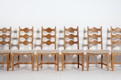 Danish Henning Kjærnulf Style 6 Dining Chairs of Solid Oak and Sheepskin, 1970s