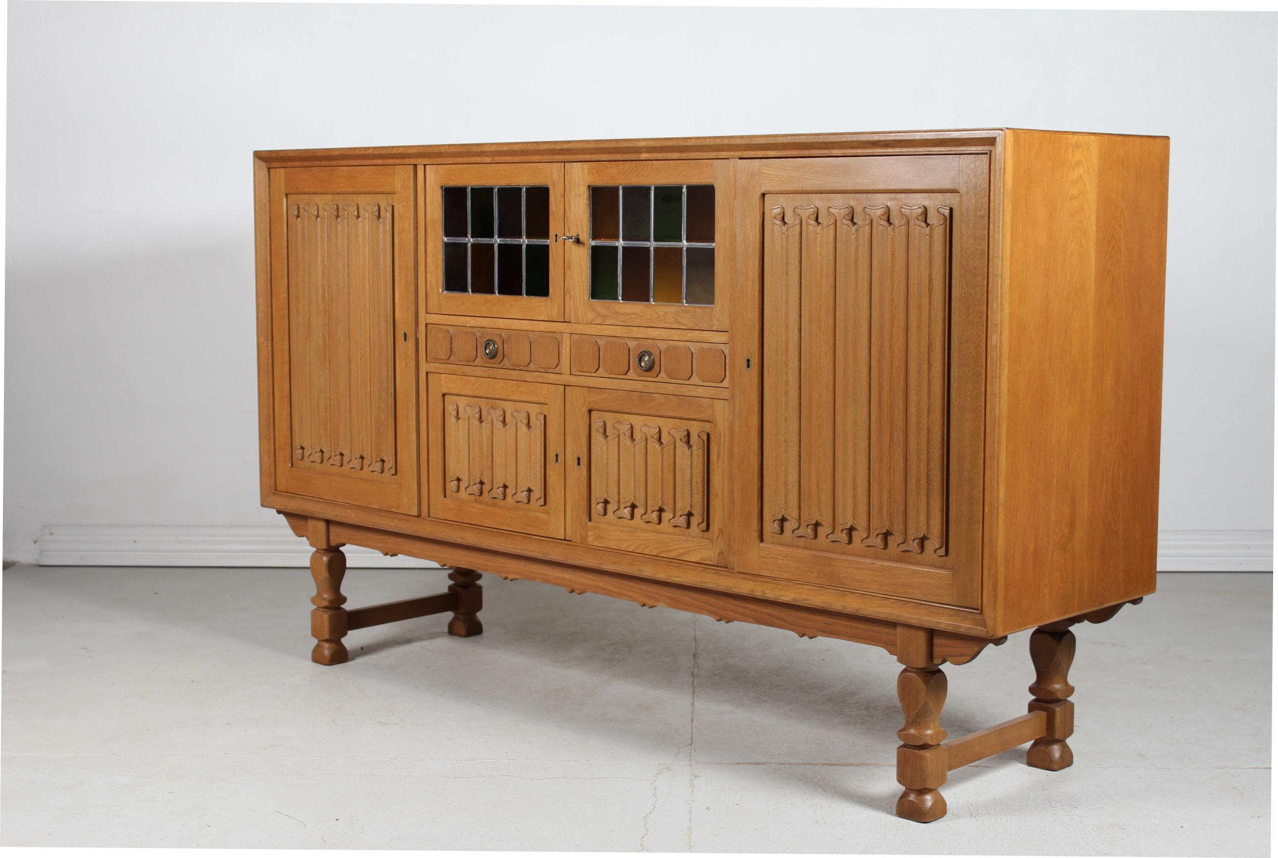 Mid-Century Modern Danish Henning Kjærnulf style Long + High Sideboard of Solid carved Oak 1970s