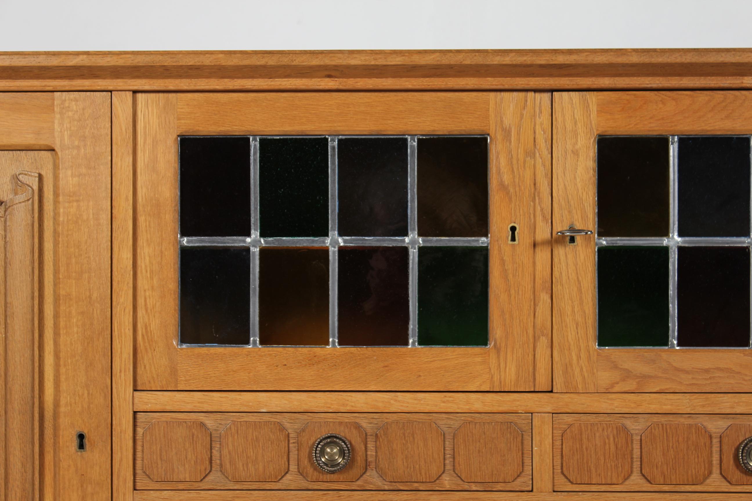 Woodwork Danish Henning Kjærnulf style Long + High Sideboard of Solid carved Oak 1970s