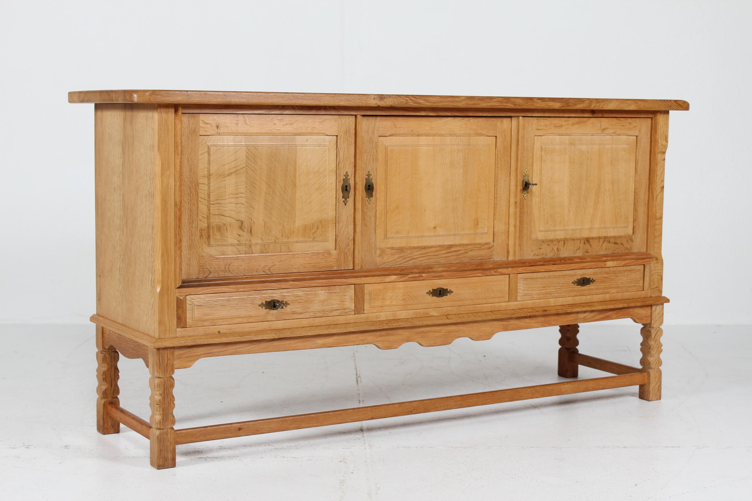 Woodwork Danish Henning Kjærnulf Style Long Sideboard of Solid Oak with 3 Doors 1970s