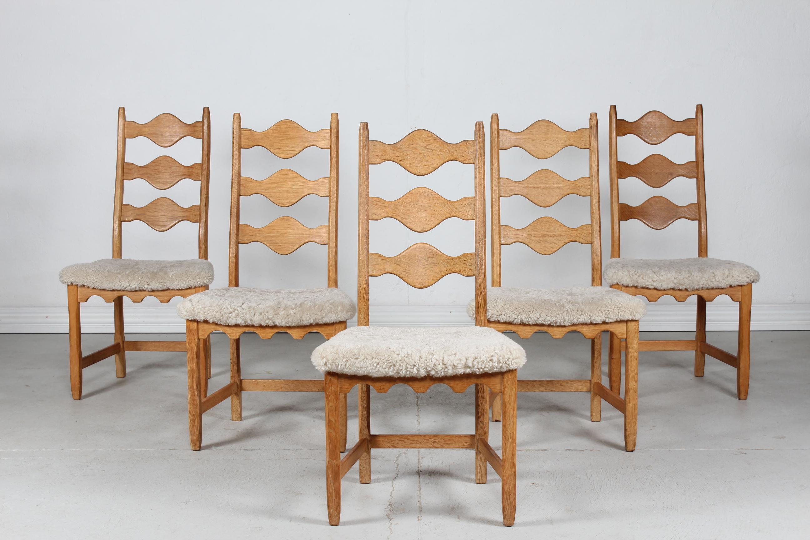 Danish Henning Kjærnulf Style 2 + 6 Chairs of Solid Oak with Sheep Skin 1970s 5
