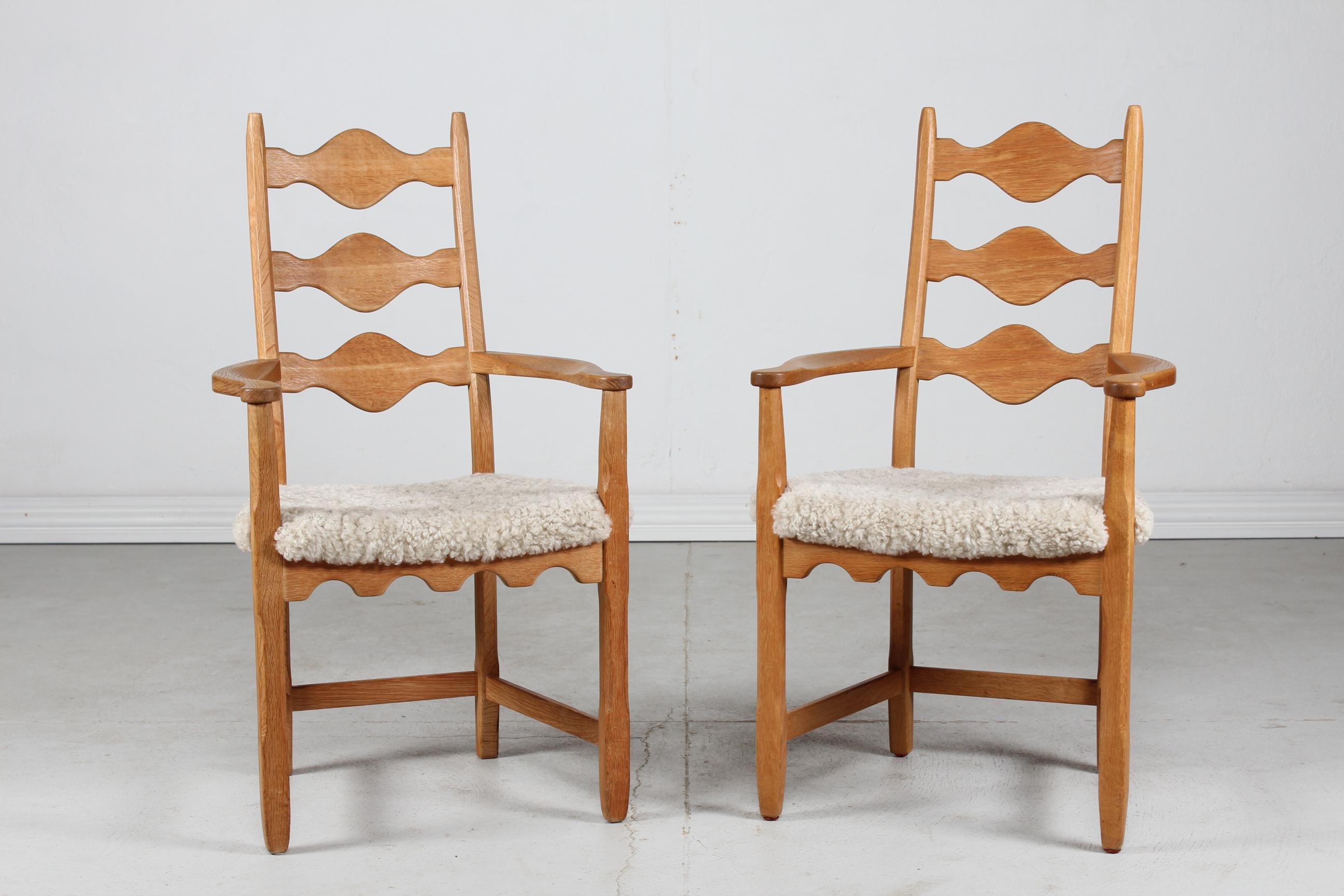 Mid-Century Modern Danish Henning Kjærnulf Style 2 + 6 Chairs of Solid Oak with Sheep Skin 1970s