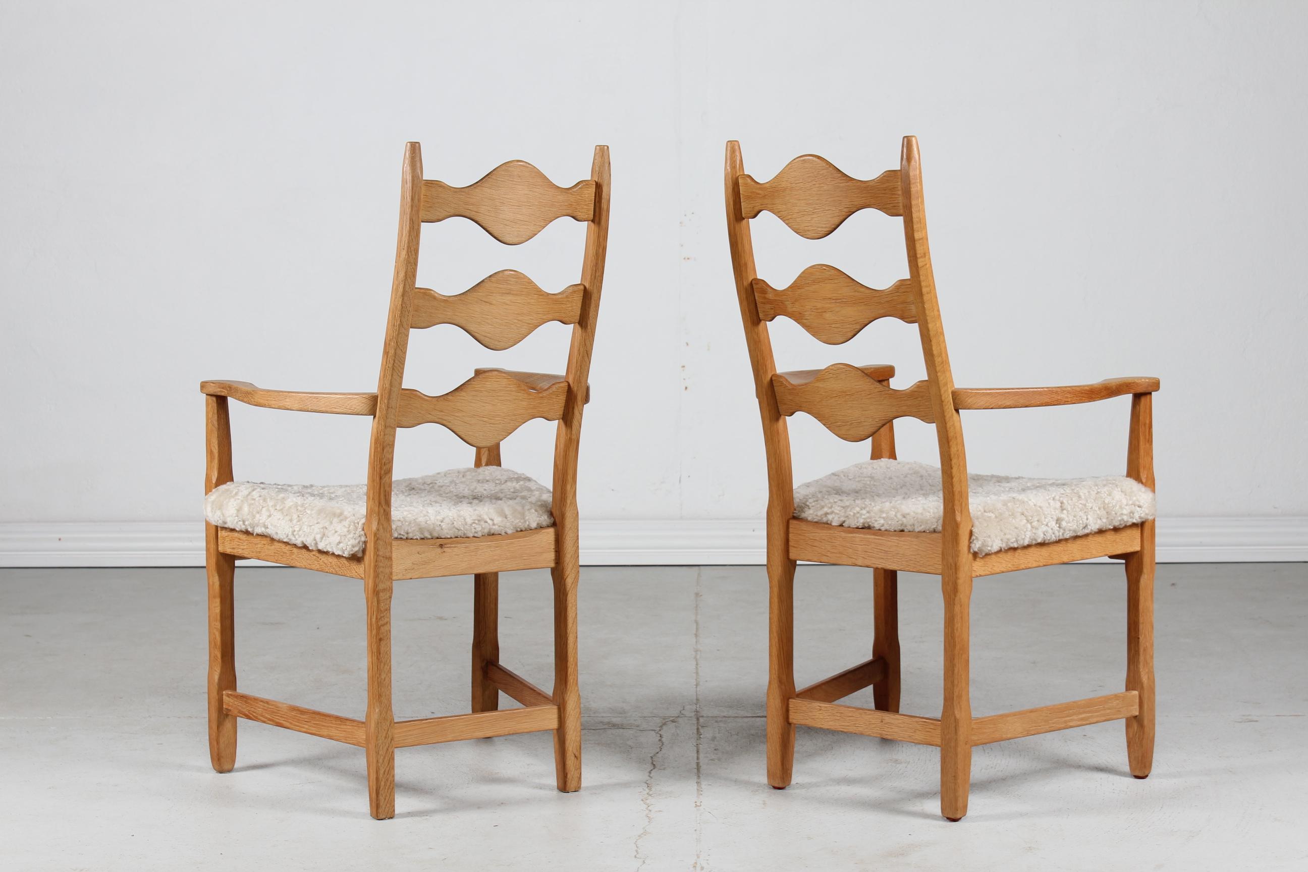 Woodwork Danish Henning Kjærnulf Style 2 + 6 Chairs of Solid Oak with Sheep Skin 1970s