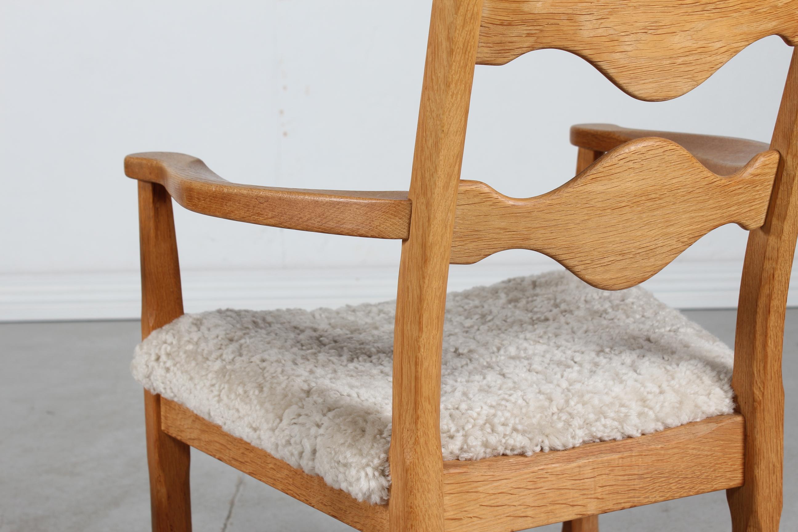Danish Henning Kjærnulf Style 2 + 6 Chairs of Solid Oak with Sheep Skin 1970s 2