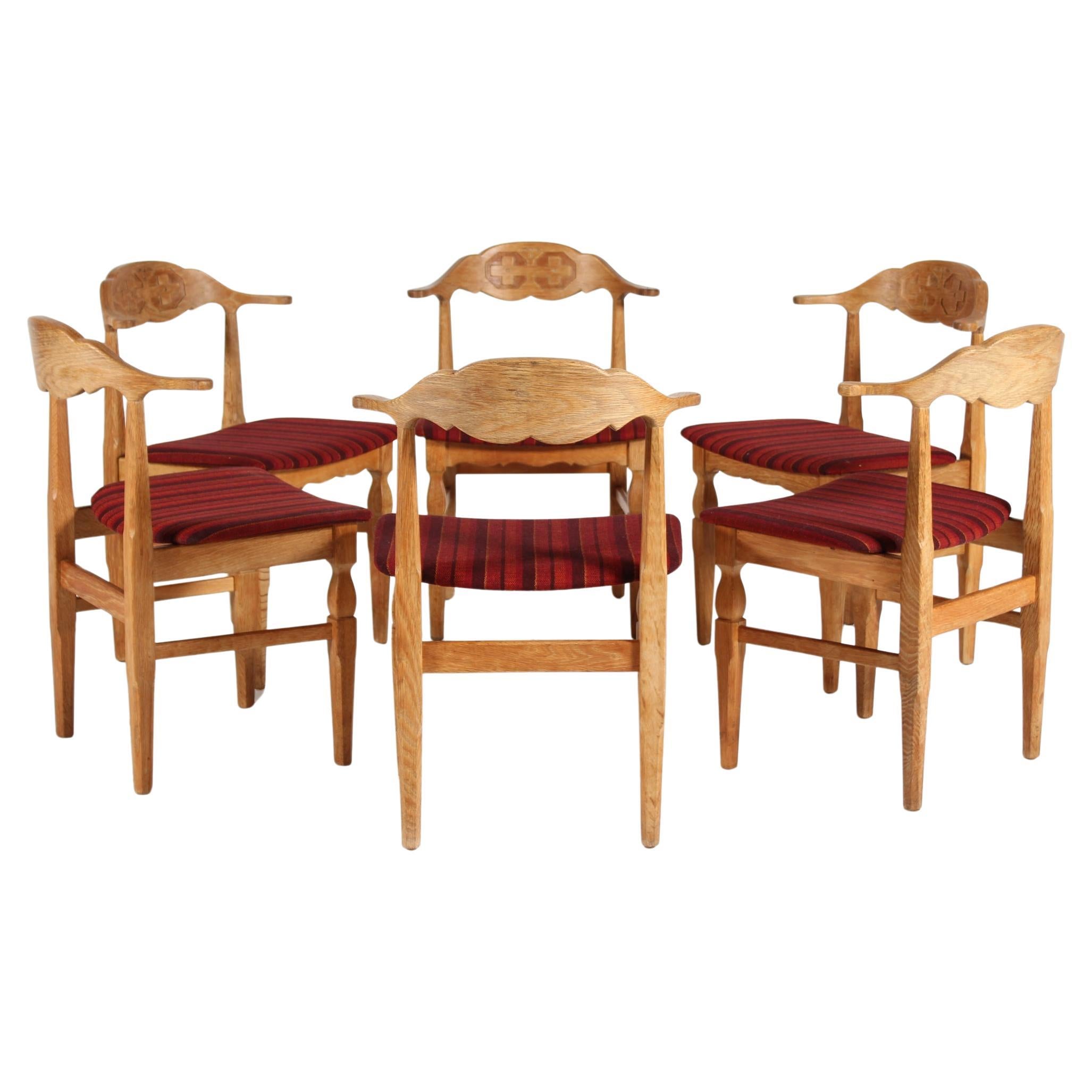 Danish Henning Kjærnulf Style Set of 6 Dining Chairs of Solid Oak 1970s For Sale