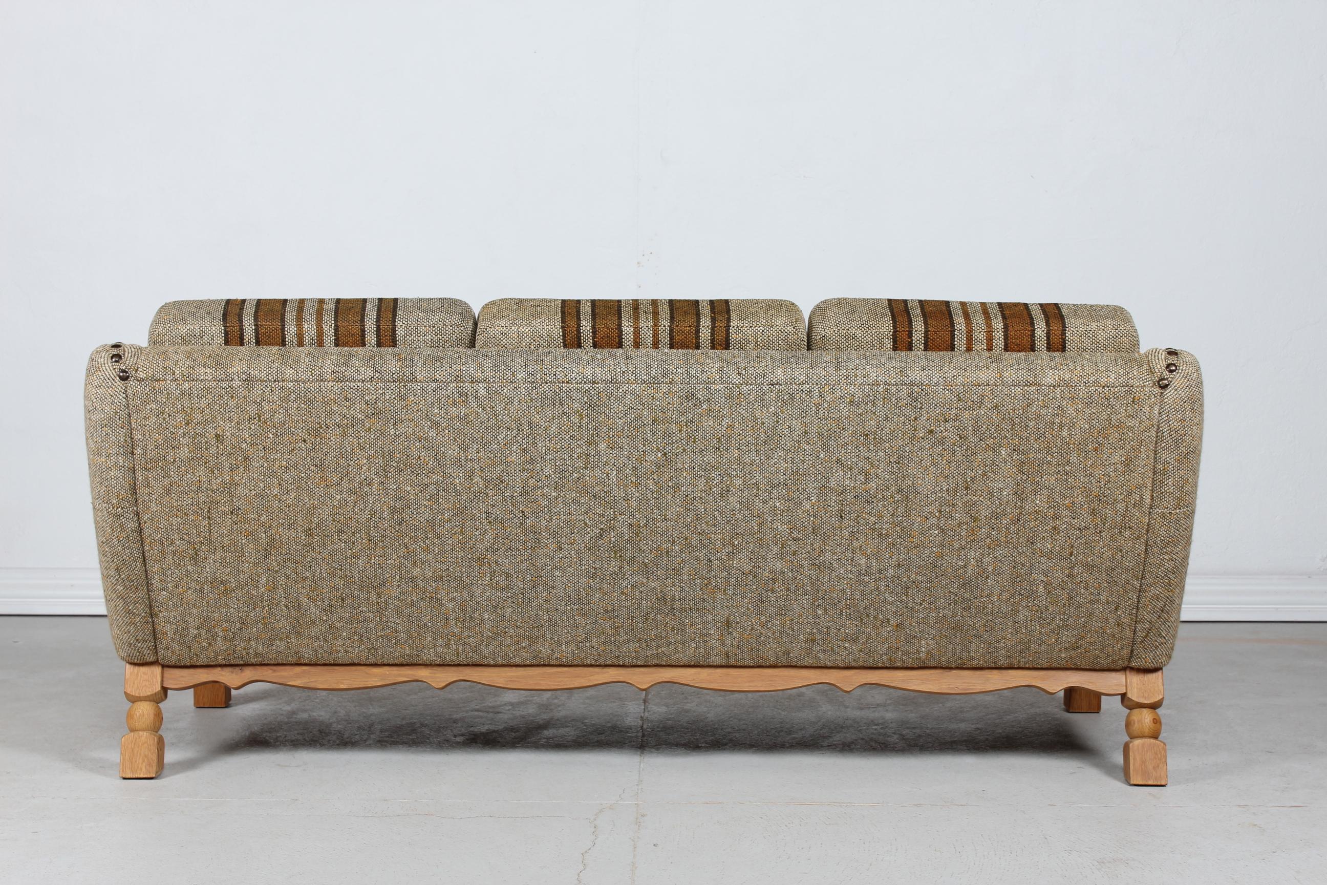 Mid-Century Modern Danish Henning Kjærnulf  Style Sofa of Solid Oak with Original Striped Wool 1970 For Sale